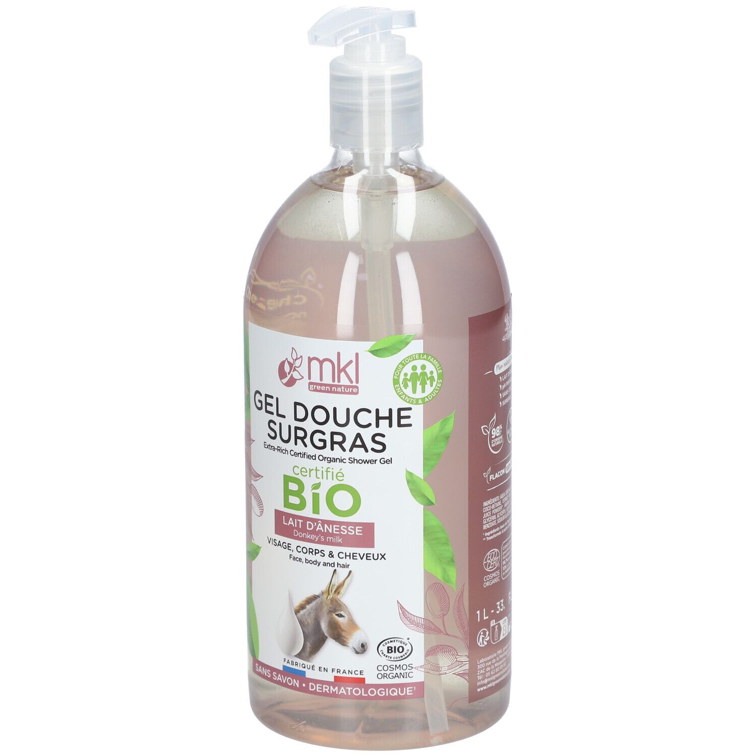 Flacon transparent avec liquide rose. Inscription: GEL DOUCHE SURGRAS CERTIFIÉ BIO. Au lait d'ânesse. Avec pompe.