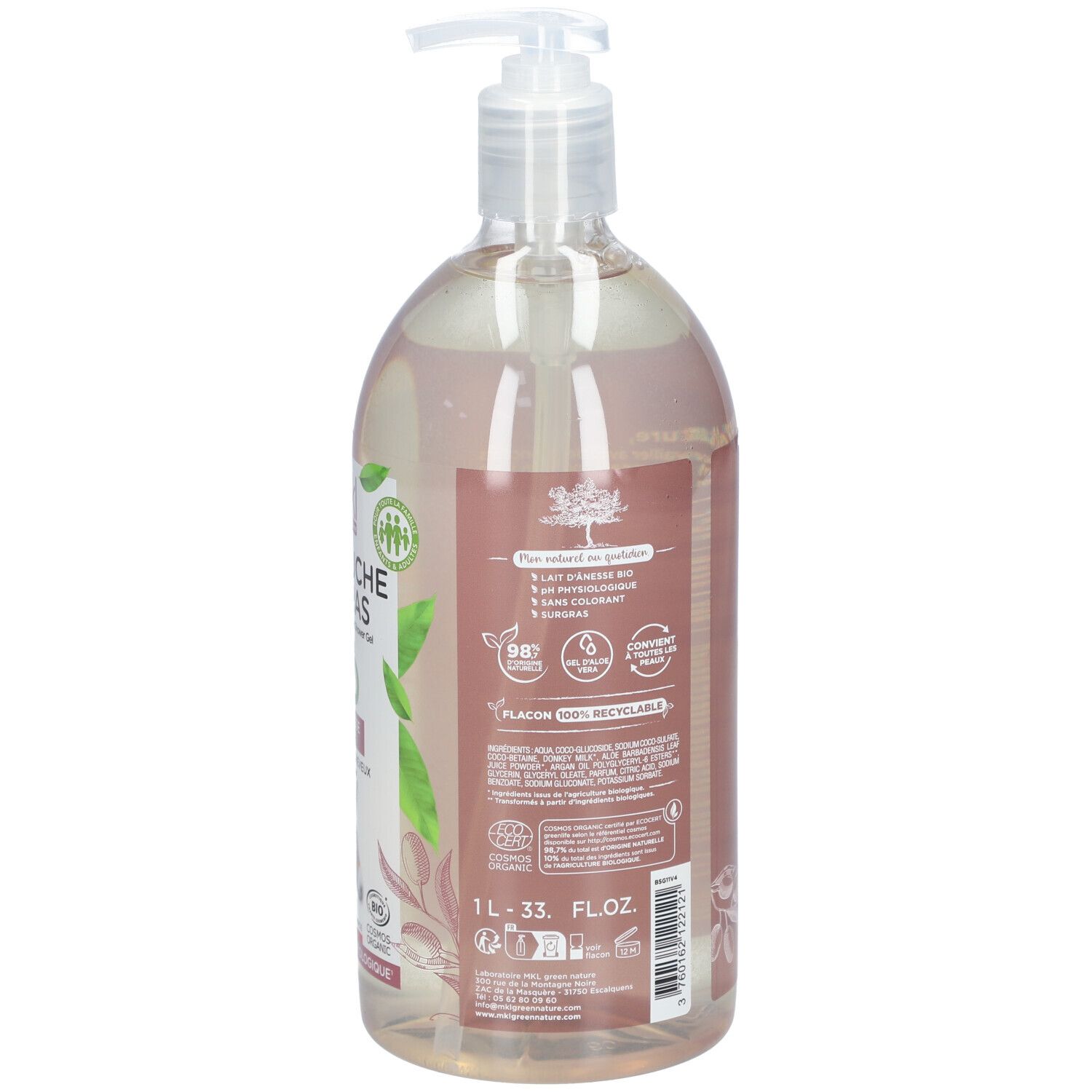Dos du flacon. Texte multilingue. Avec pompe. Inscription: 1L - 33 FL.OZ. Flacon recyclable.