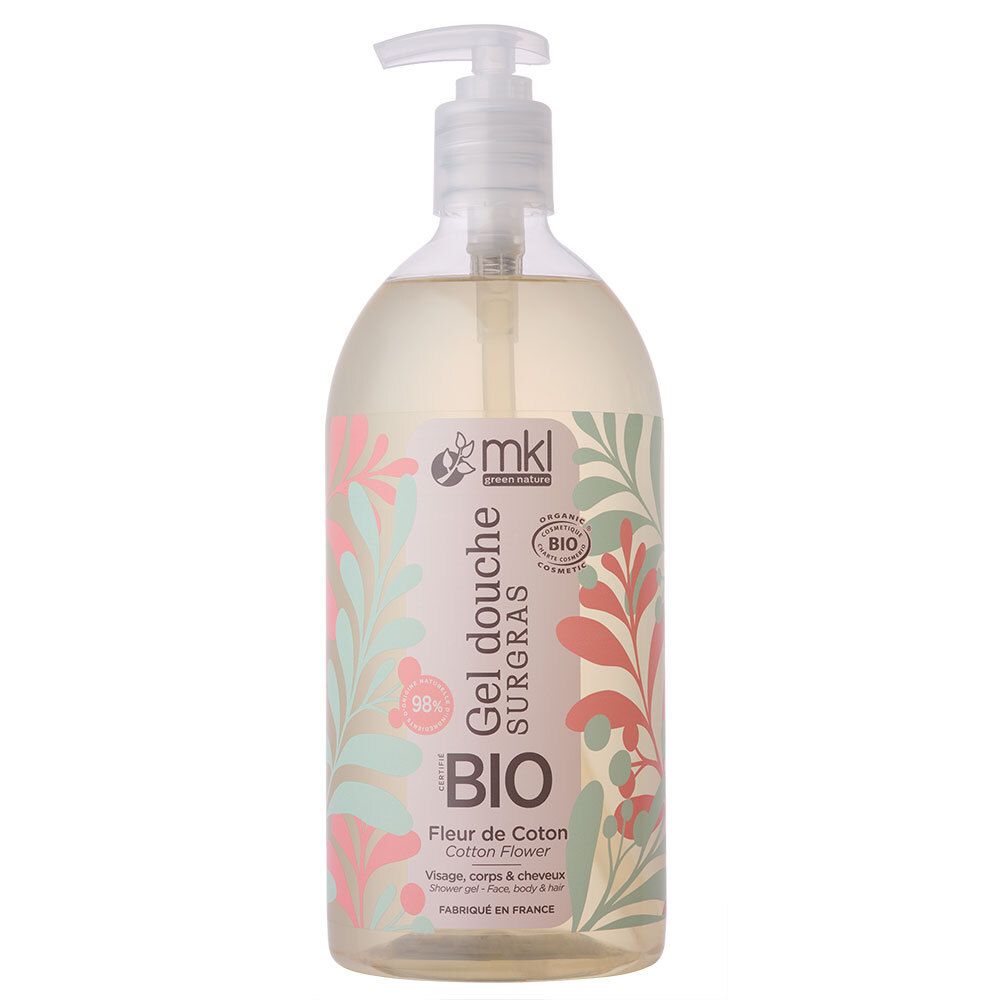 Flacon transparent avec pompe. Étiquette avec texte: Gel Douche, BIO, Fleur de Coton. Gel douche bio certifié.