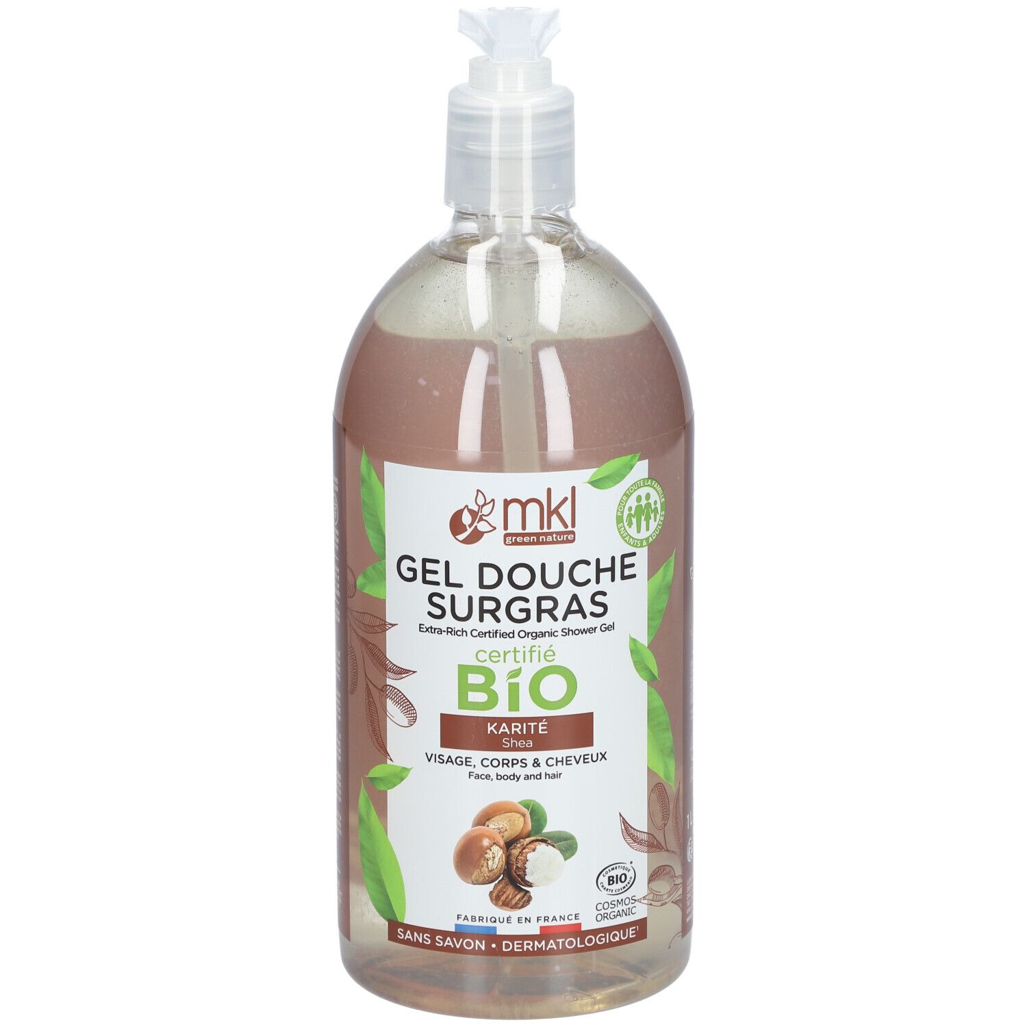 Flacon transparent avec pompe. Étiquette avec nom du produit, certification bio et ingrédients. "Karité" et "Visage, corps & cheveux".