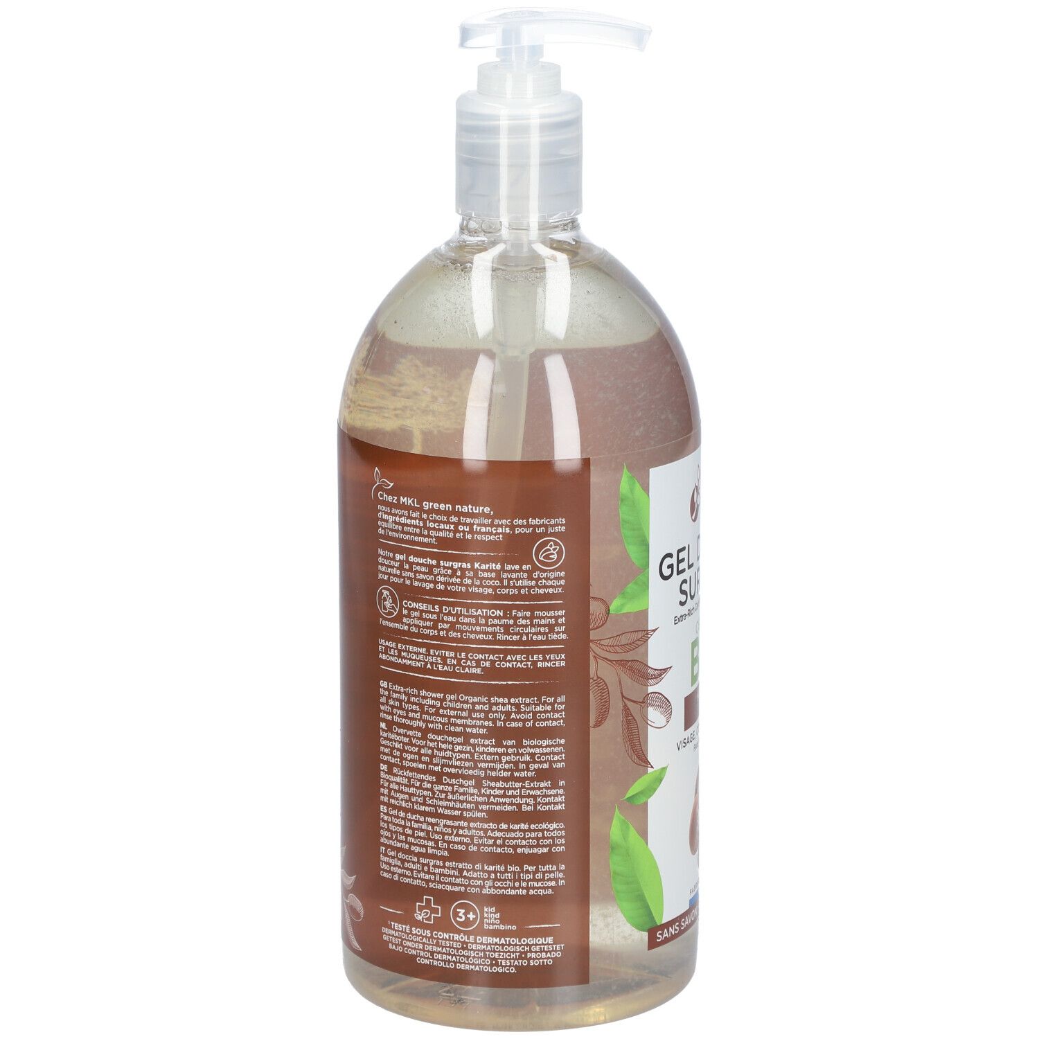 Dos du flacon. Étiquette avec informations produit, ingrédients et certifications. Flacon avec pompe.