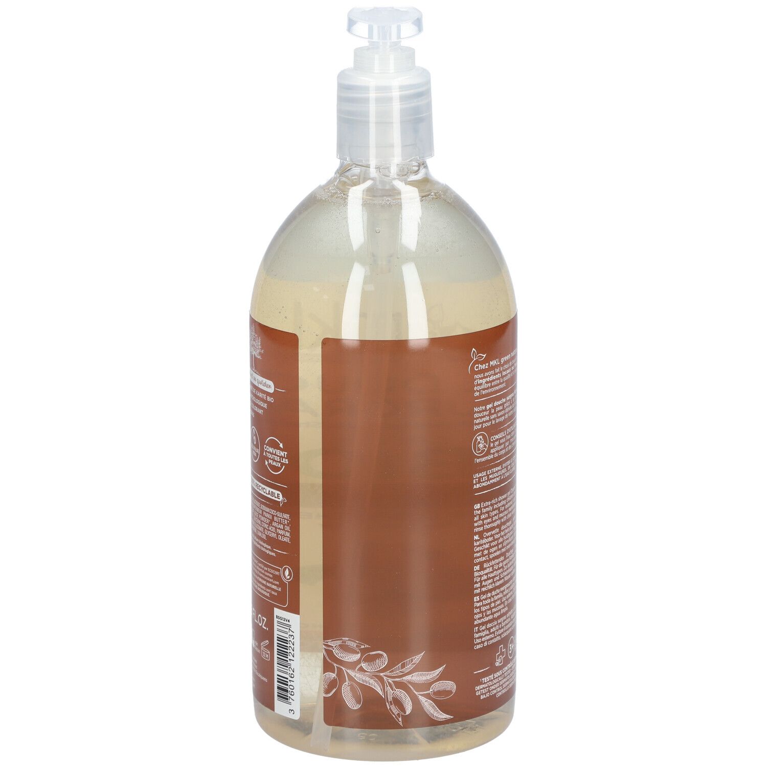 Dos du flacon. Étiquette avec informations produit, ingrédients et certifications. Flacon avec pompe.
