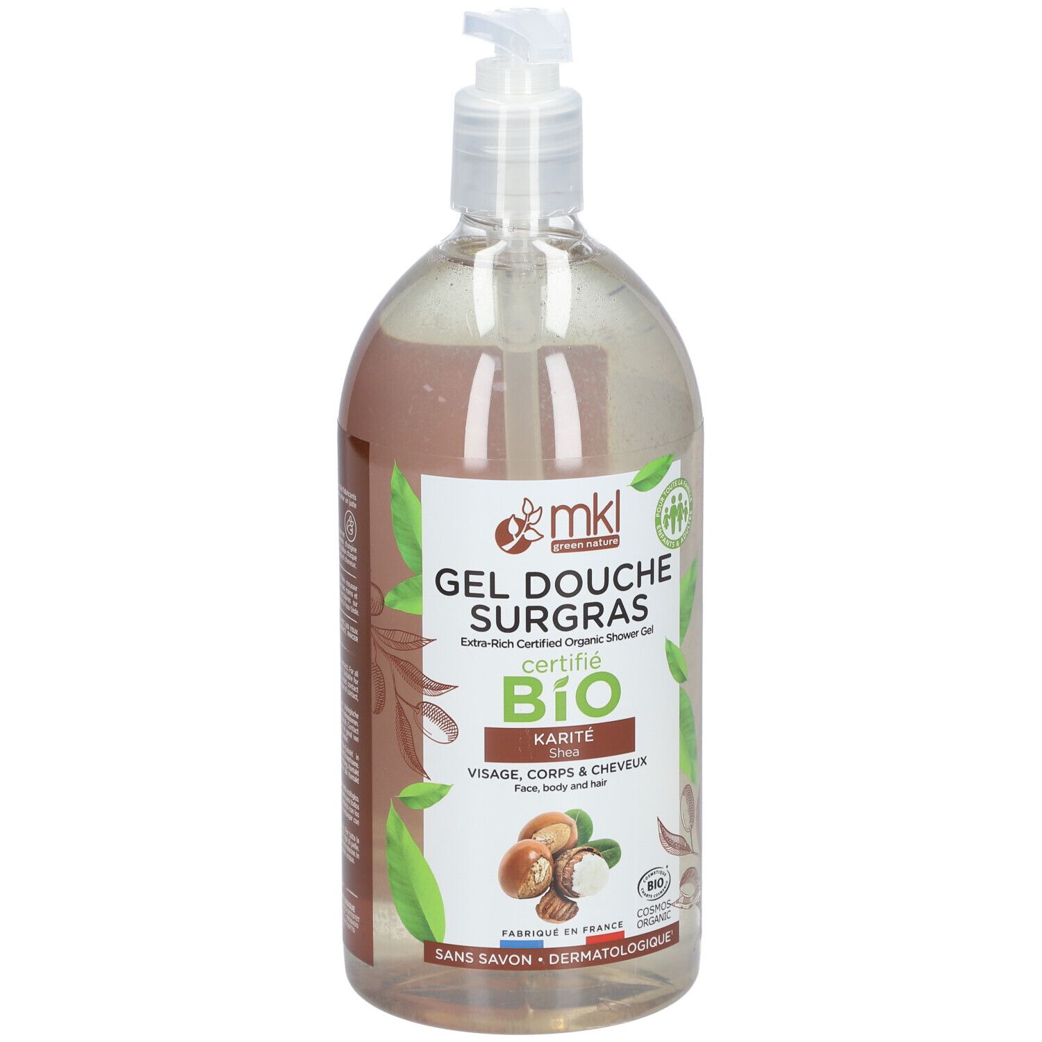 Flacon transparent avec pompe. Étiquette avec nom du produit, certification bio et ingrédients. "Karité" et "Visage, corps & cheveux".