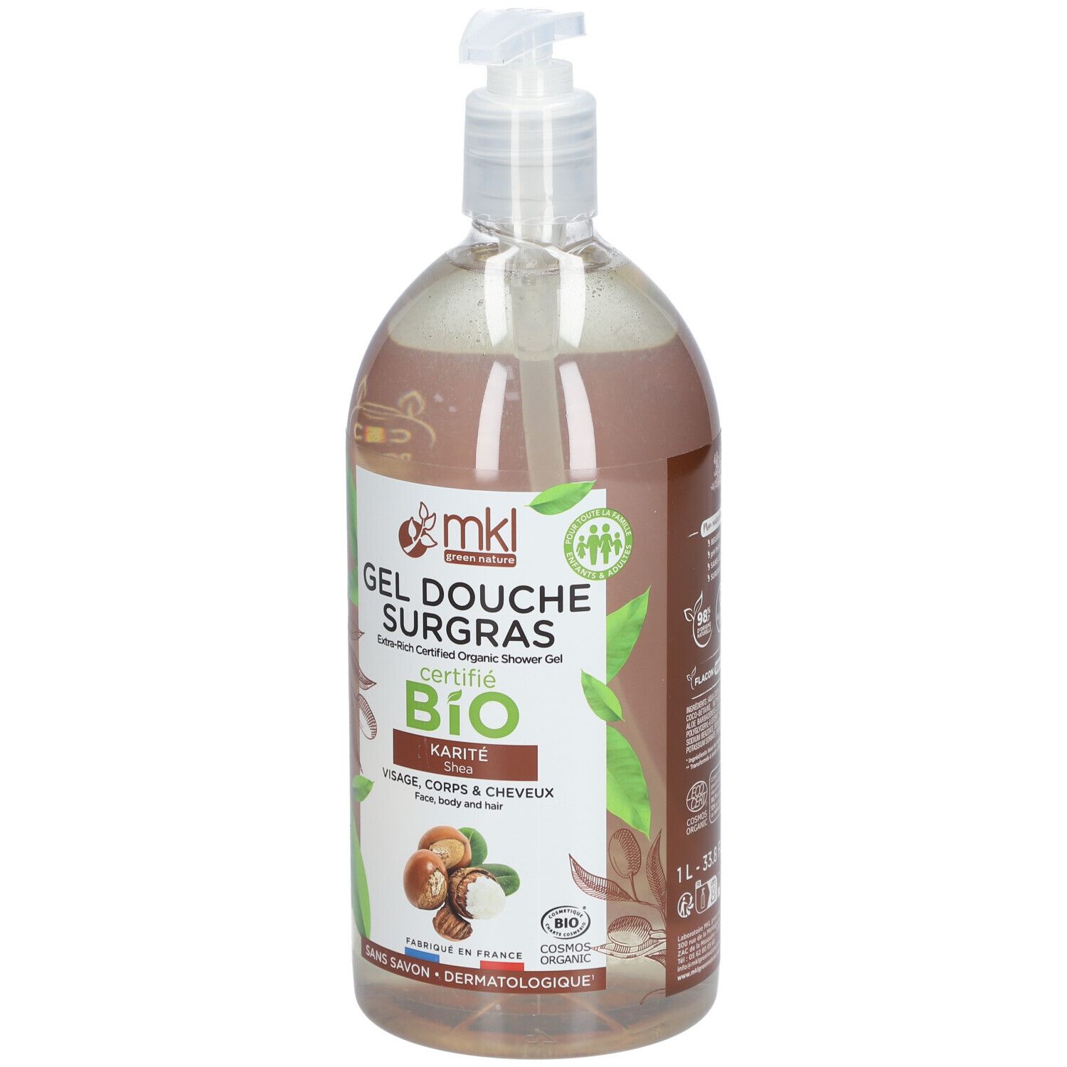 Flacon transparent avec pompe. Étiquette avec nom du produit, certification bio et ingrédients. "Karité" et "Visage, corps & cheveux".