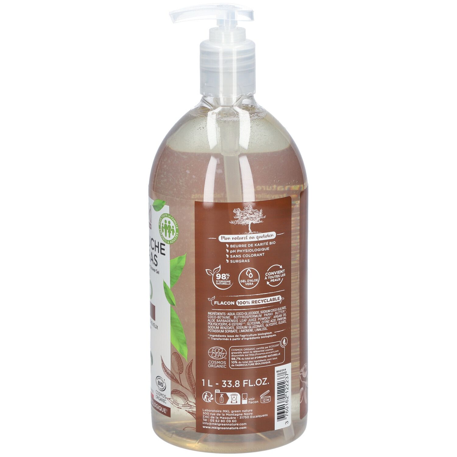 Dos du flacon. Étiquette avec informations produit, ingrédients et certifications. Flacon avec pompe. 1L.