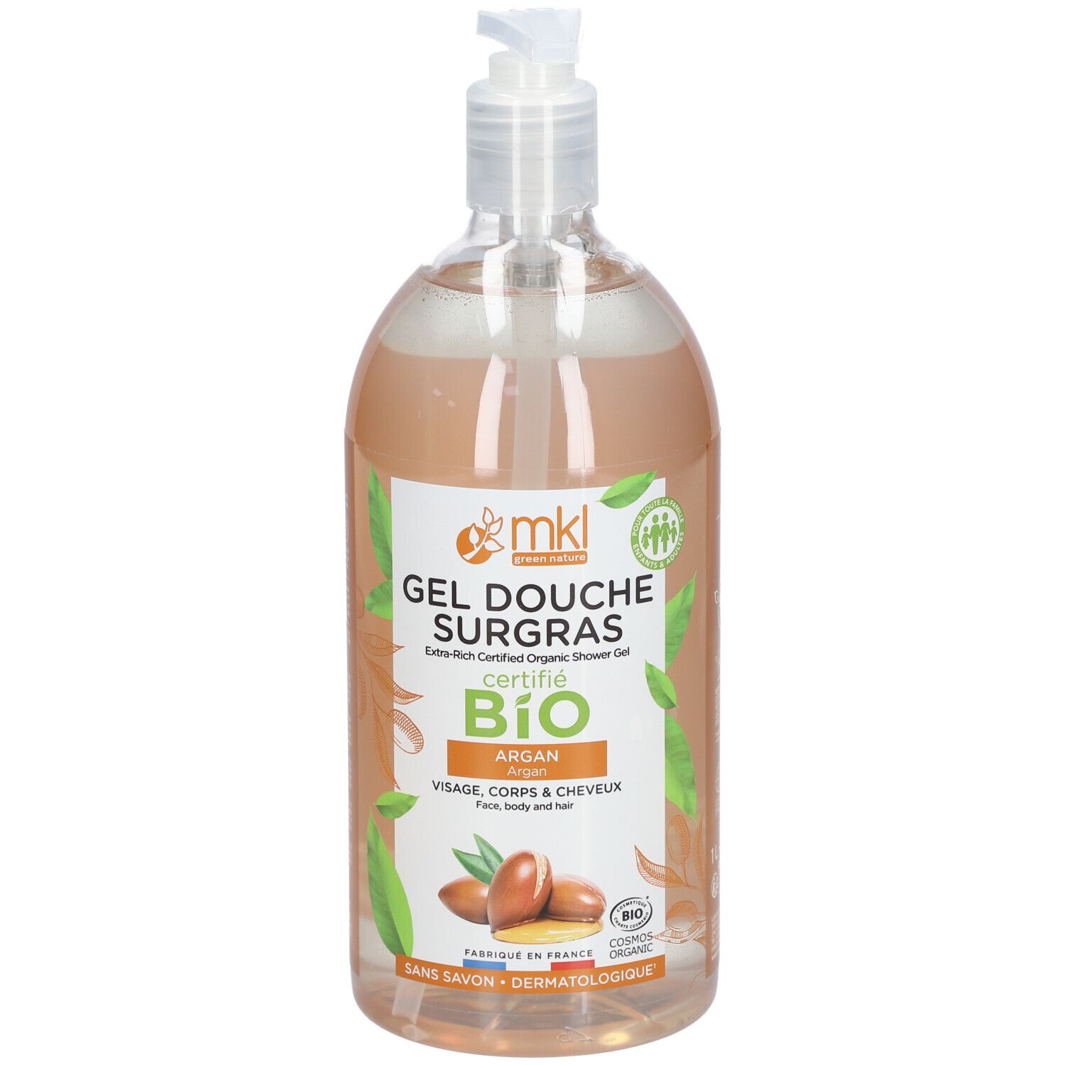 Flacon transparent avec pompe. Étiquette : Gel Douche Surgras, certifié BIO, Argan. Illustration d'argan. Certifié Cosmos Organic.