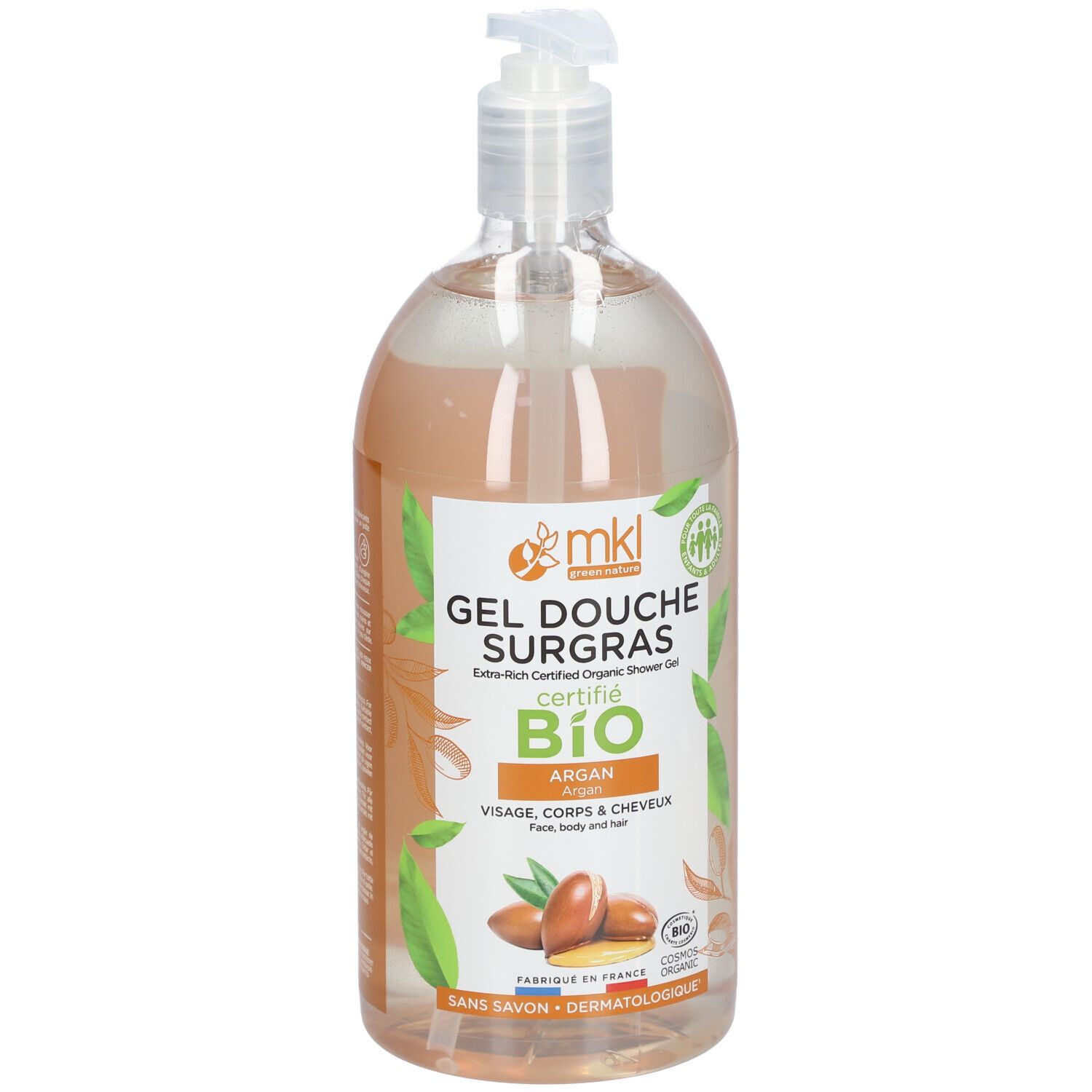 Flacon transparent avec pompe. Étiquette : Gel Douche Surgras, certifié BIO, Argan. Illustration d'argan. Certifié Cosmos Organic.
