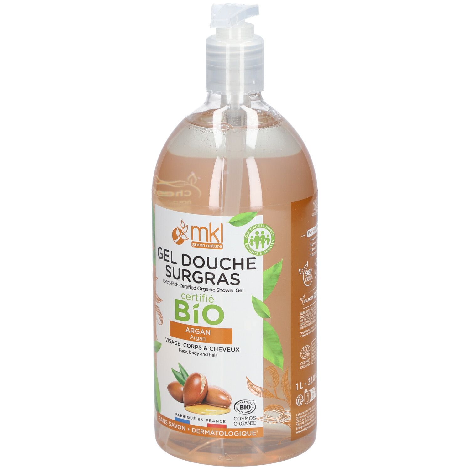 Flacon transparent avec pompe. Étiquette : Gel Douche Surgras, certifié BIO, Argan. Illustration d'argan. Certifié Cosmos Organic.