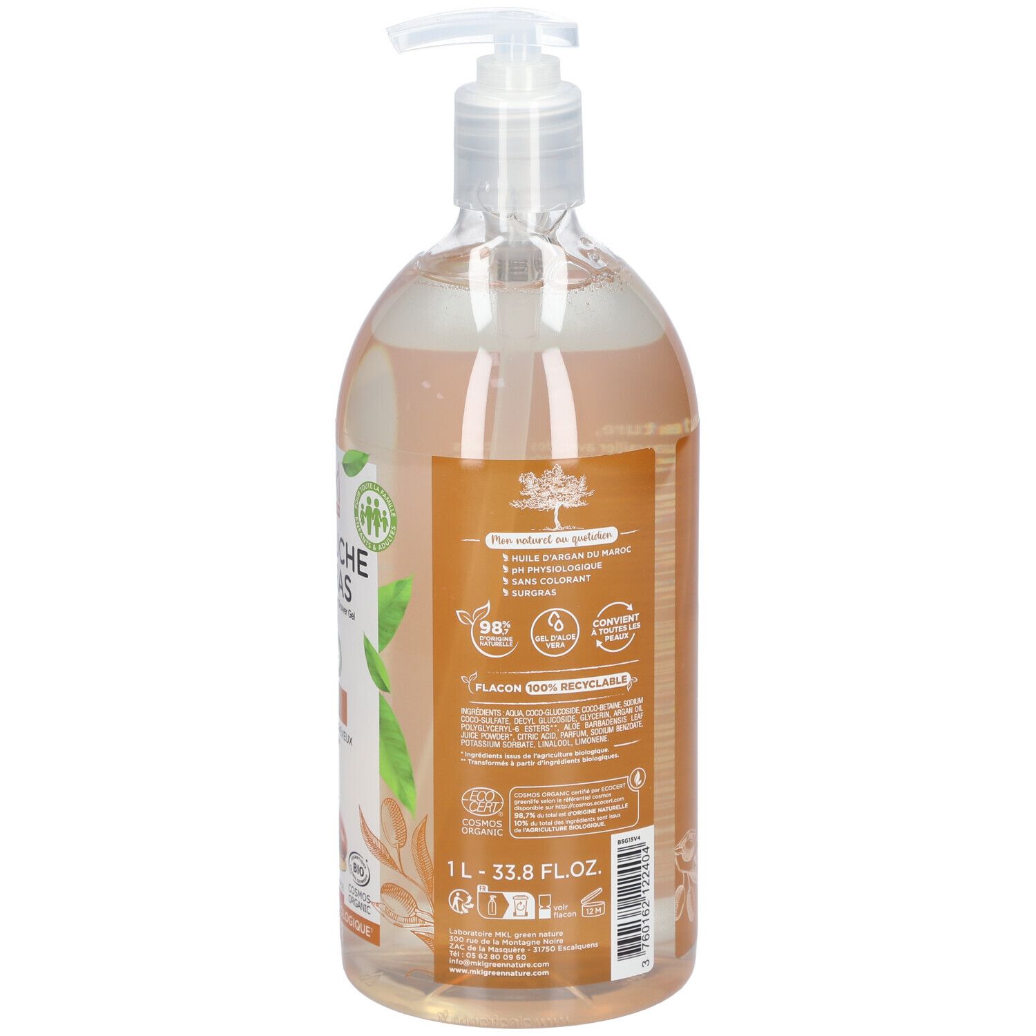 Dos du flacon. Étiquette avec texte et informations. Flacon en plastique transparent avec pompe. 1L.