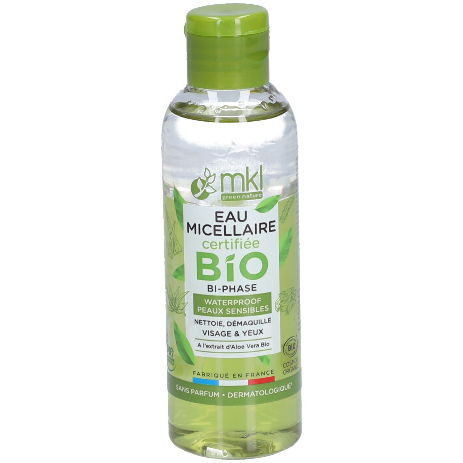 Flacon transparent, bouchon vert. Inscription: Eau Micellaire Bi-Phase Certifiée Bio. Produit bio certifié. Pour peaux sensibles.