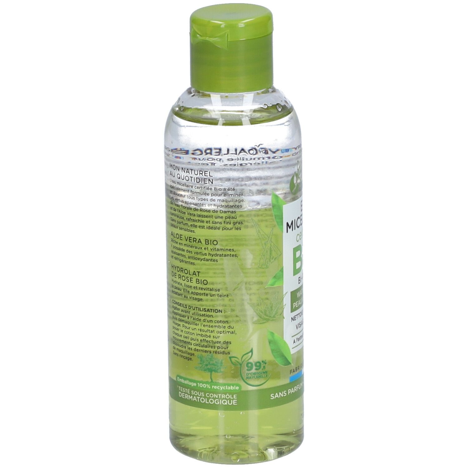 Dos du flacon. Texte sur les ingrédients et l'utilisation. 99% recyclable. Produit bio certifié. Fabriqué en France.