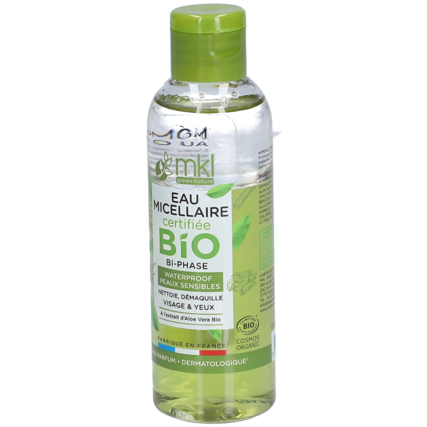 Flacon transparent, bouchon vert. Inscription: Eau Micellaire Bi-Phase Certifiée Bio. Produit bio certifié. Pour peaux sensibles.
