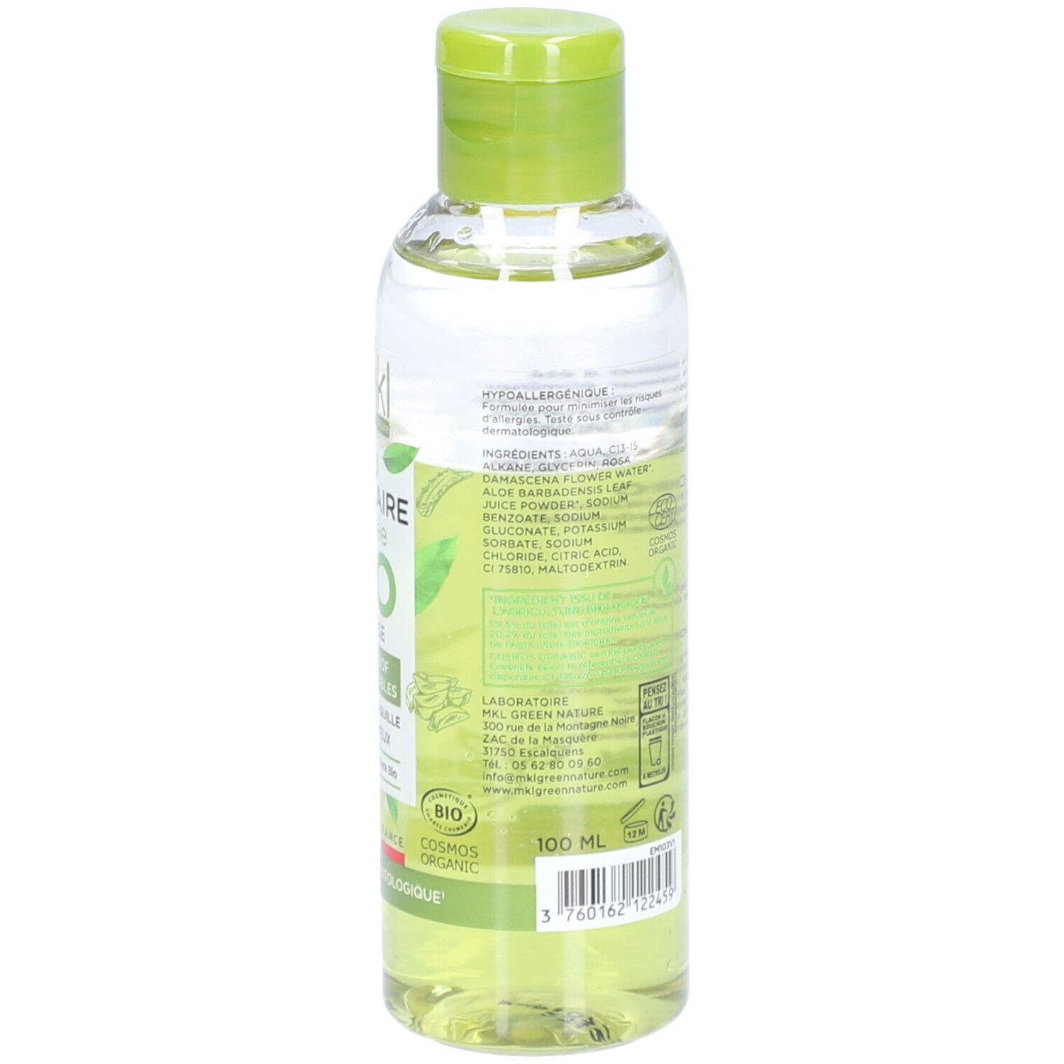Dos du flacon. Ingrédients, volume 100 ml. Produit bio certifié. Fabriqué en France. Code-barres.