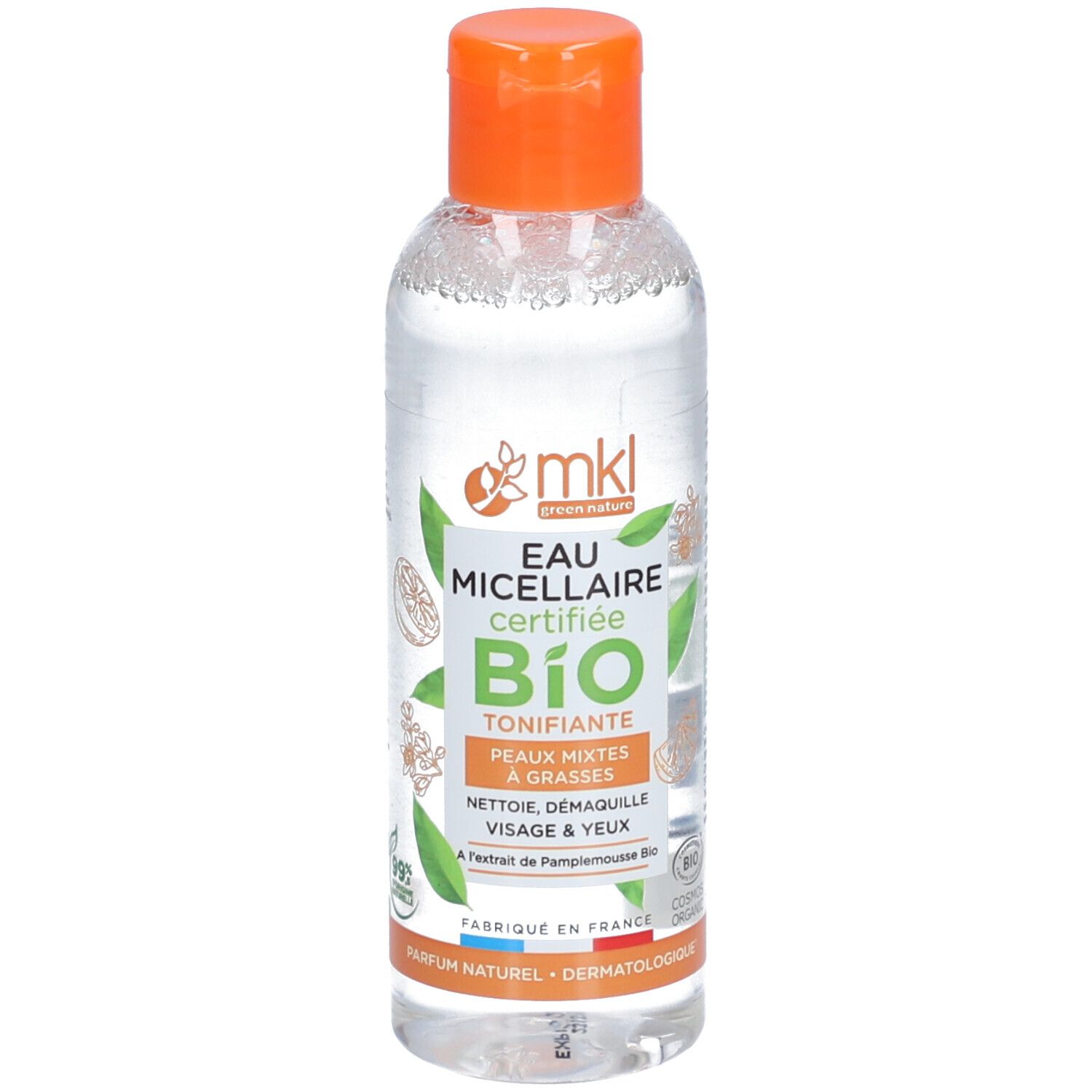 Flacon transparent avec bouchon orange. Étiquette avec nom du produit, certification et ingrédients. Logo vert.