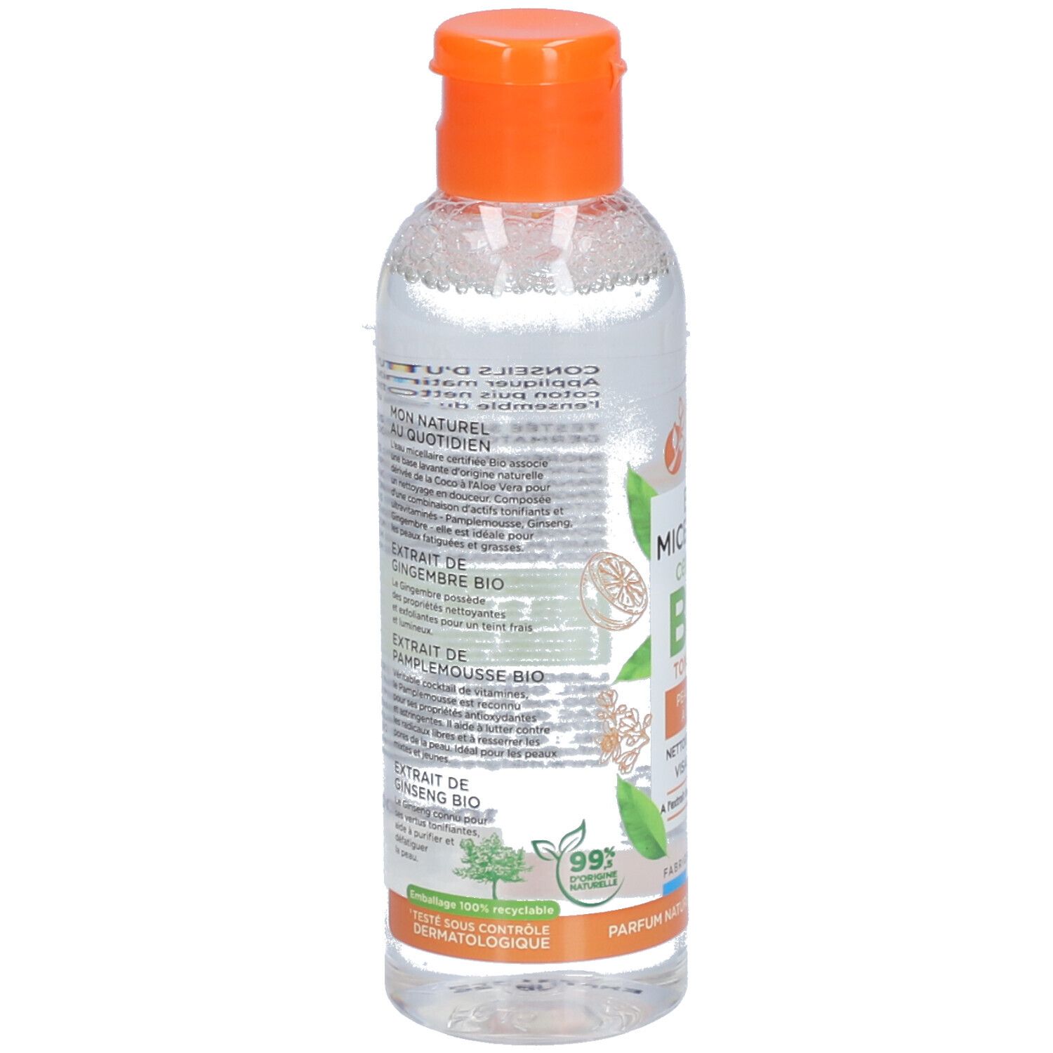 Vue arrière du flacon. Étiquette avec informations produit, ingrédients et certifications. Bouchon orange.