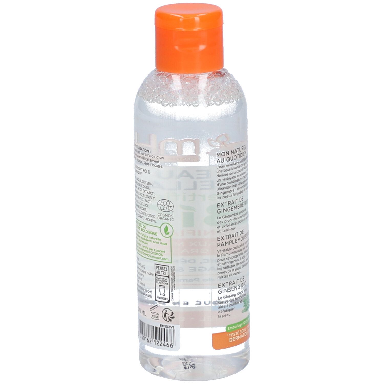 Vue arrière du flacon. Étiquette avec informations produit, ingrédients et certifications. Bouchon orange.