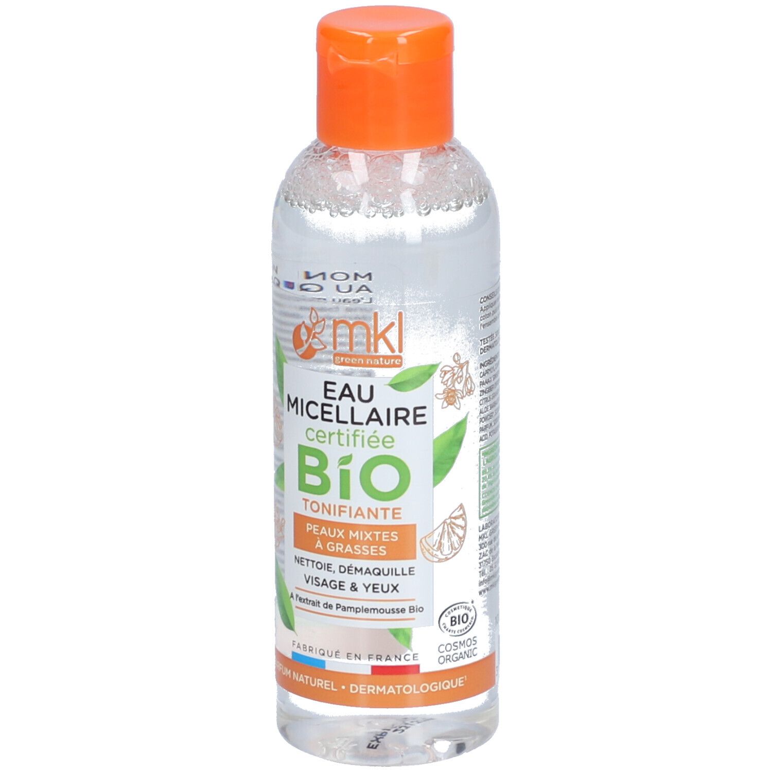 Flacon transparent avec bouchon orange. Étiquette avec nom du produit, certification et ingrédients. Logo vert.