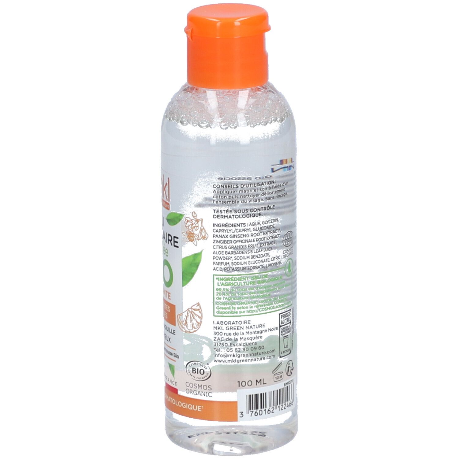 Vue arrière du flacon. Étiquette avec informations produit, ingrédients et certifications. Bouchon orange.