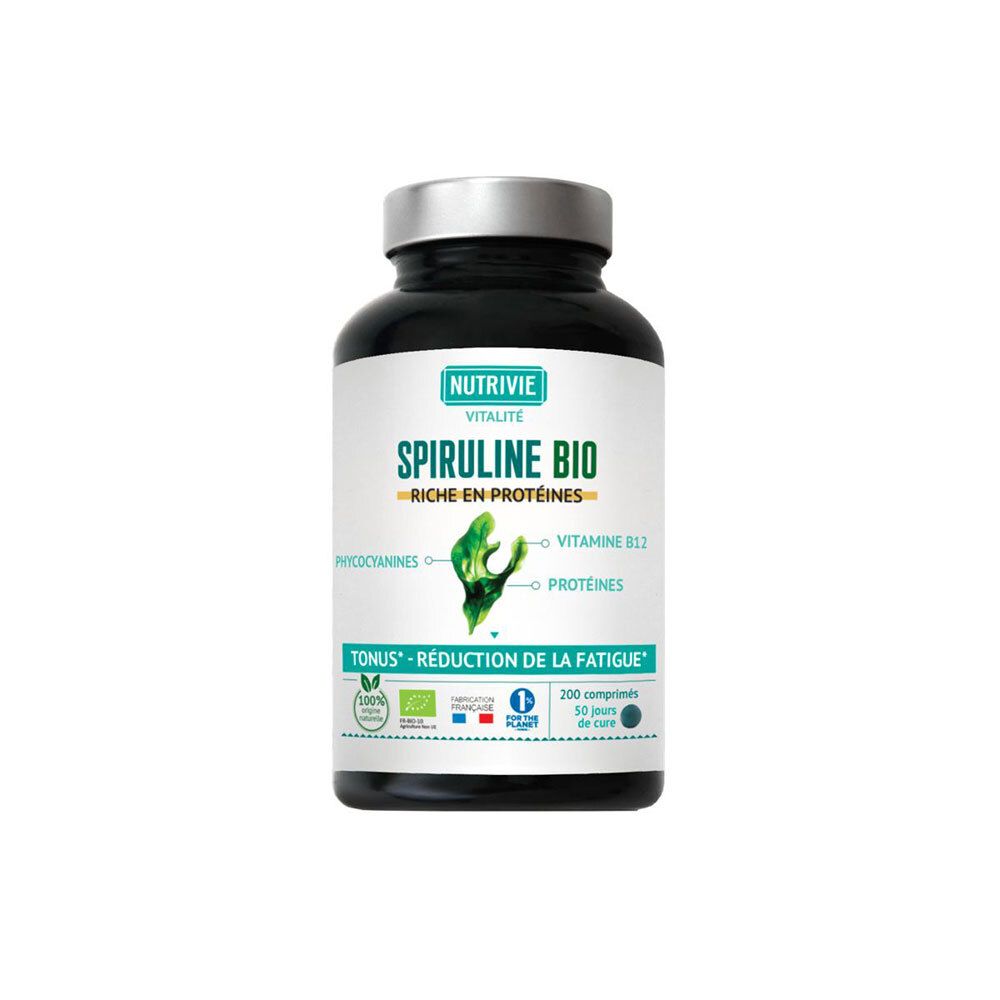 Flacon noir de comprimés Spiruline Bio. Contient 200 comprimés.