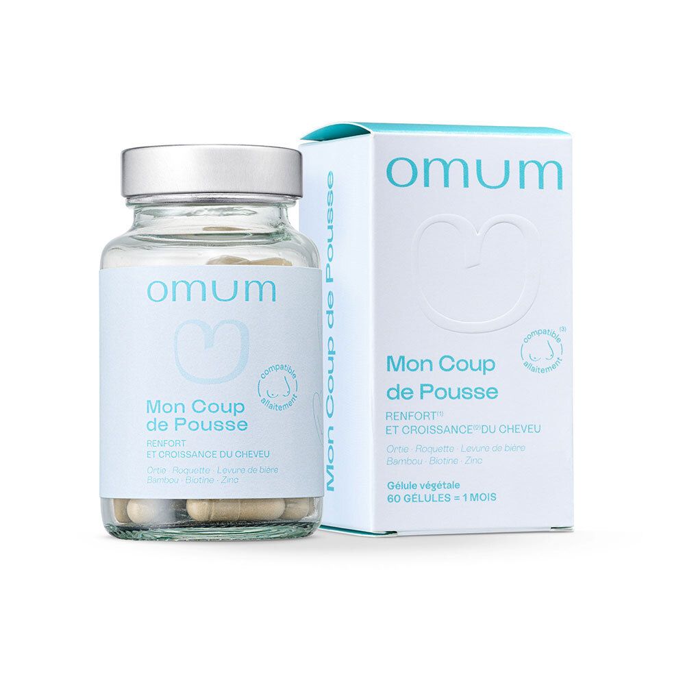 Gélules Omum Mon Coup de Pousse en flacon de verre et boîte.