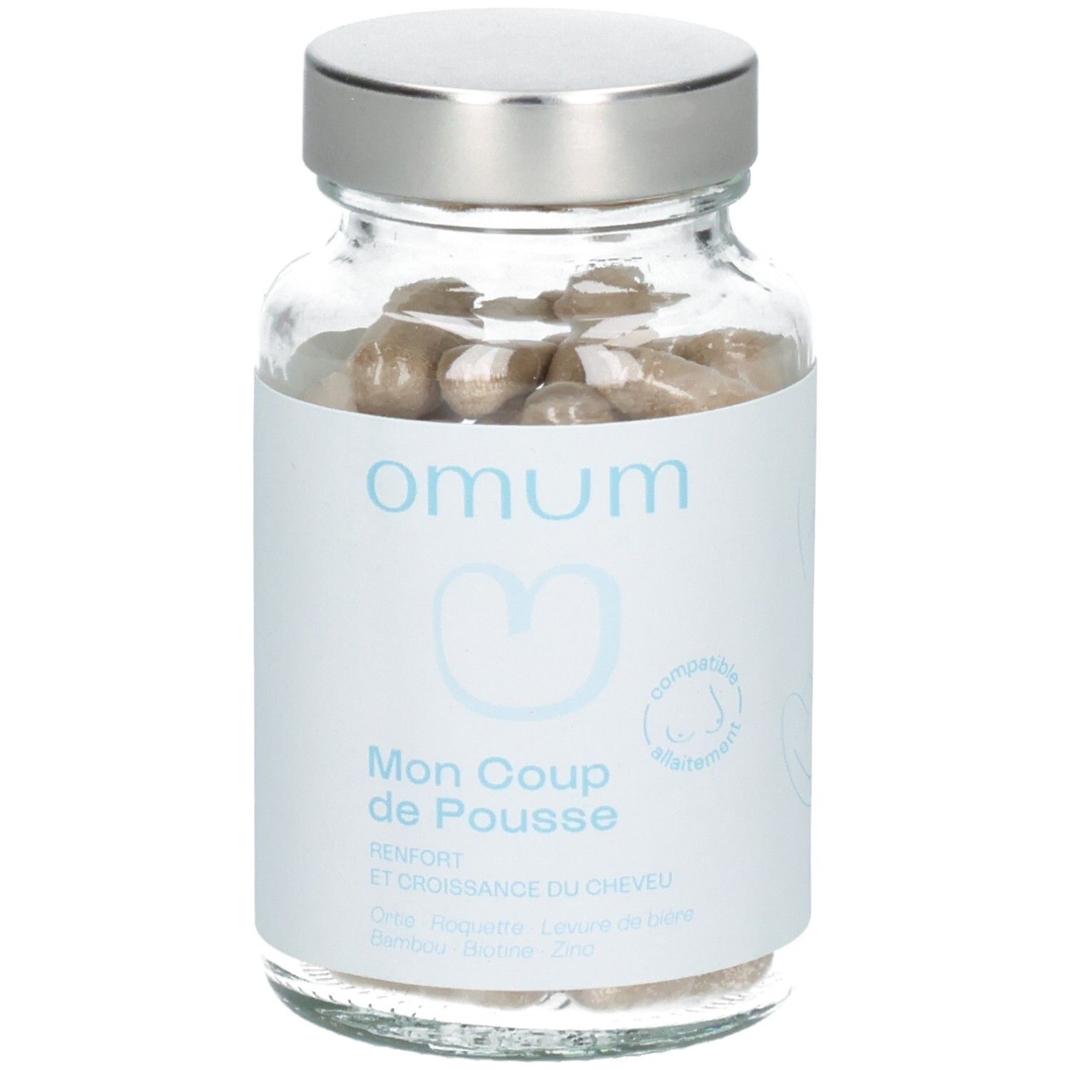 Gélules Omum Mon Coup de Pousse en flacon et boîte, avec textes sur la chute et la pousse des cheveux.