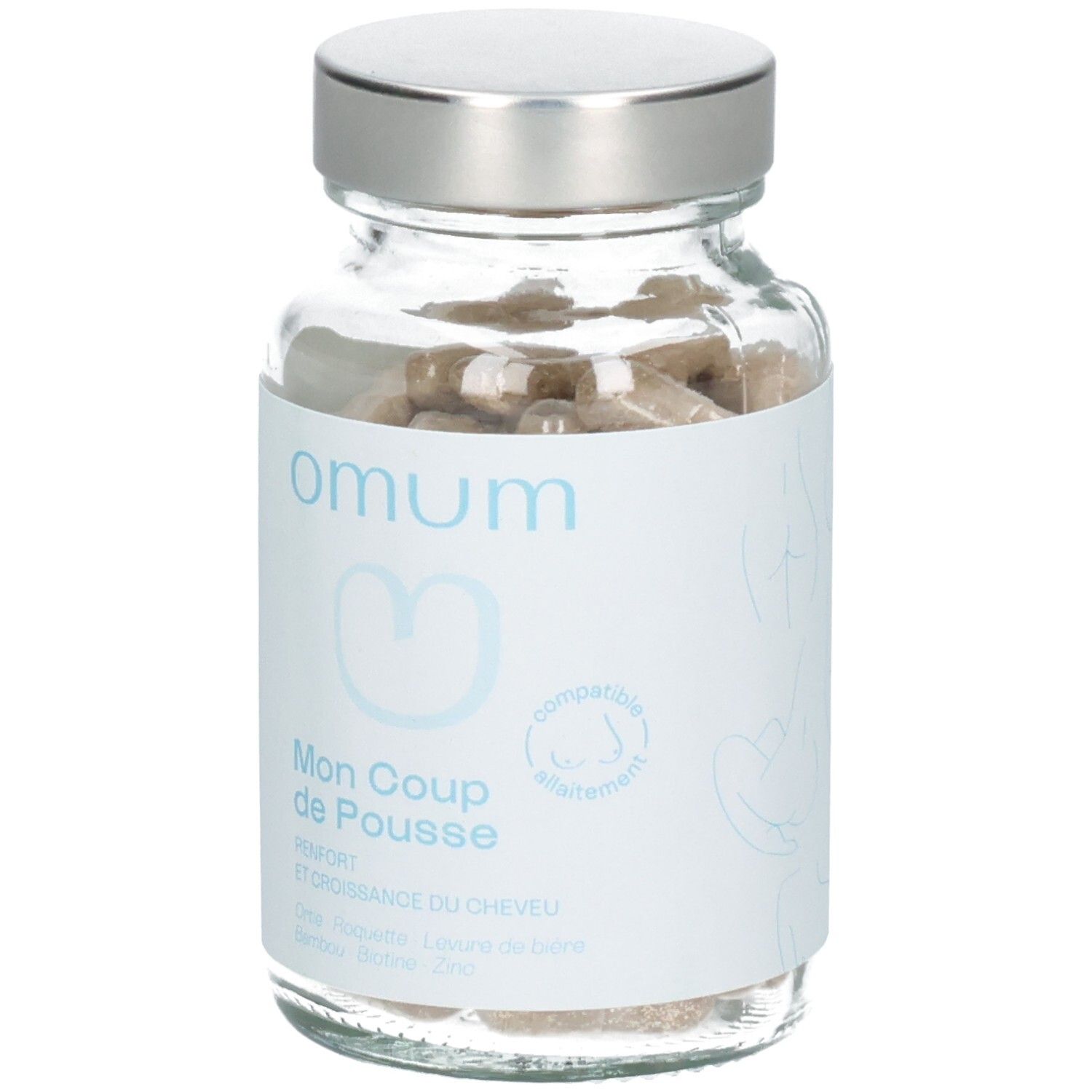 Gélules Omum Mon Coup de Pousse en flacon de verre, vue latérale avec focus sur les gélules.