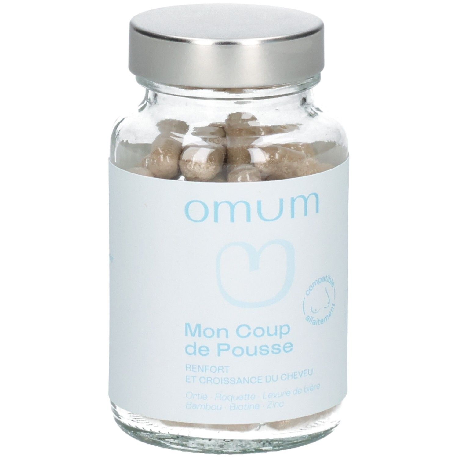 Gélules Omum Mon Coup de Pousse en flacon de verre, vue avant avec focus sur les gélules.