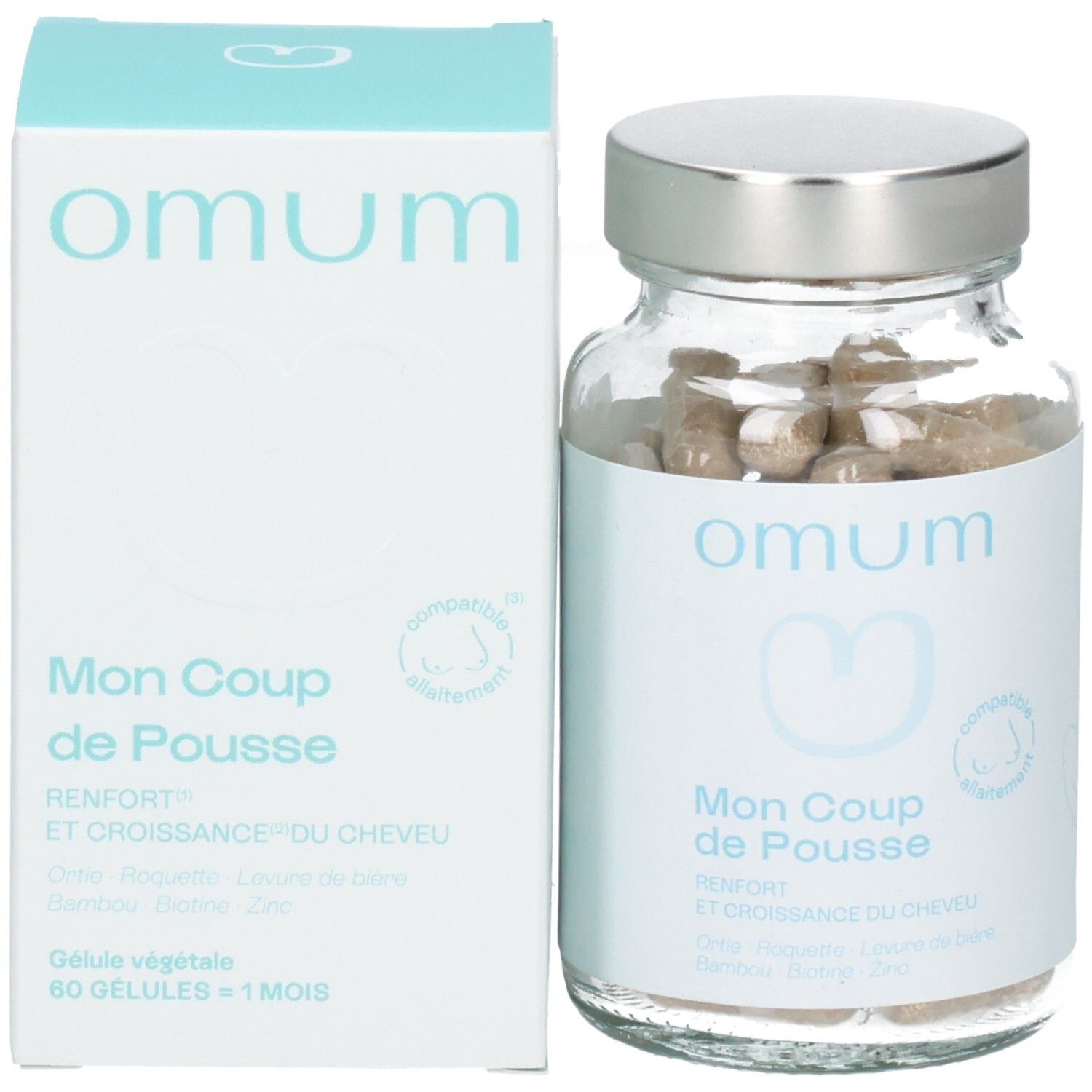 Gélules Omum Mon Coup de Pousse en flacon de verre et boîte.