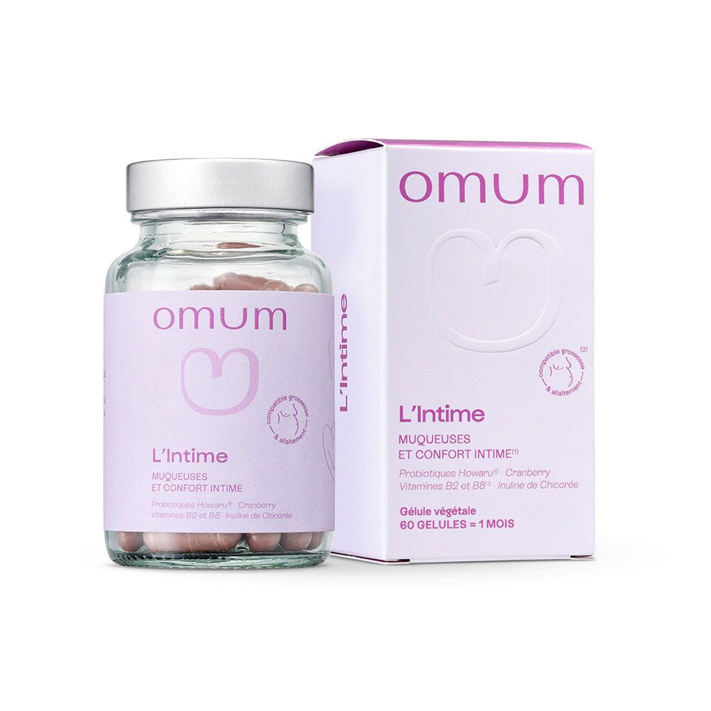 Gélules Omum L'Intime en flacon de verre et boîte. Contient pré- et probiotiques, Cranberry, vitamines B2 et B8, inuline de chicorée.