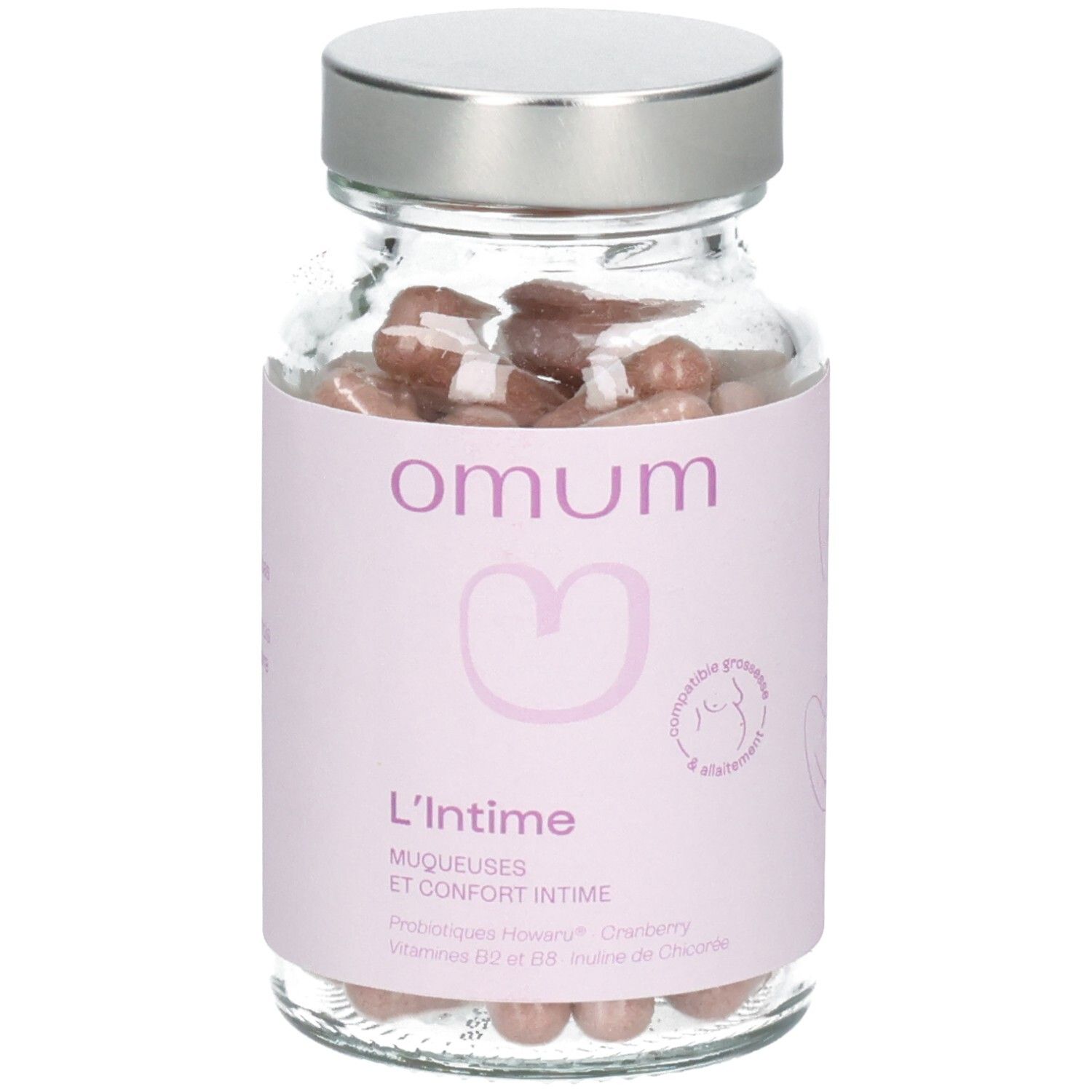 Gélules Omum L'Intime en flacon de verre. Contient pré- et probiotiques, Cranberry, vitamines B2 et B8, inuline de chicorée.