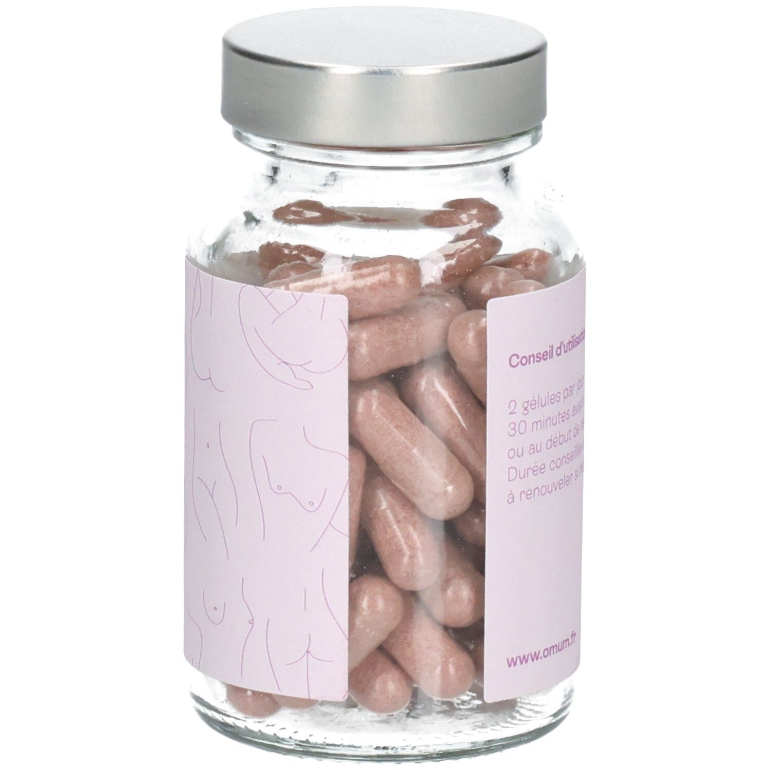 Gros plan des gélules Omum L'Intime dans le flacon en verre. Gélules roses avec contenu visible. Dessins linéaires décoratifs de corps féminins.