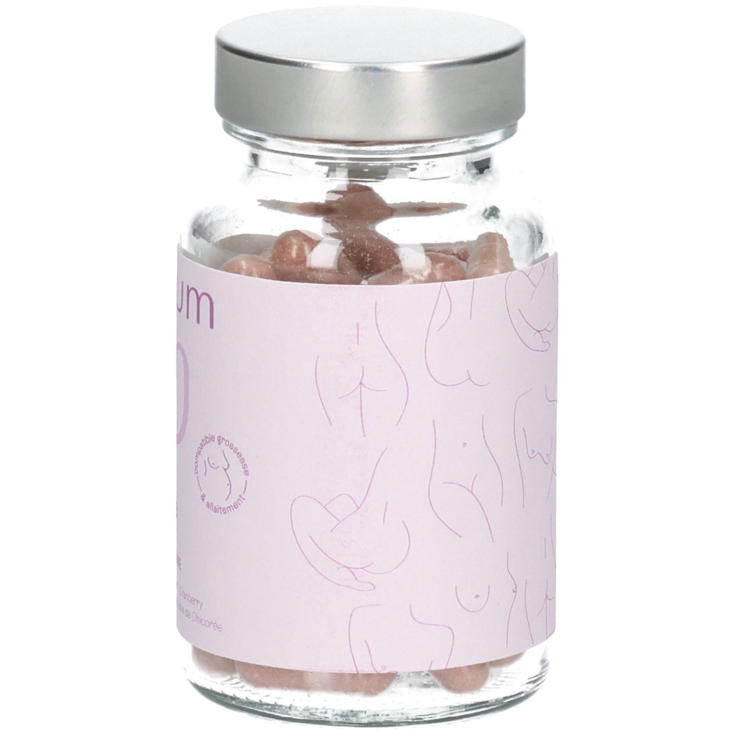 Flacon Omum L'Intime avec étiquette. Étiquette rose avec informations produit et dessins linéaires de corps féminins.