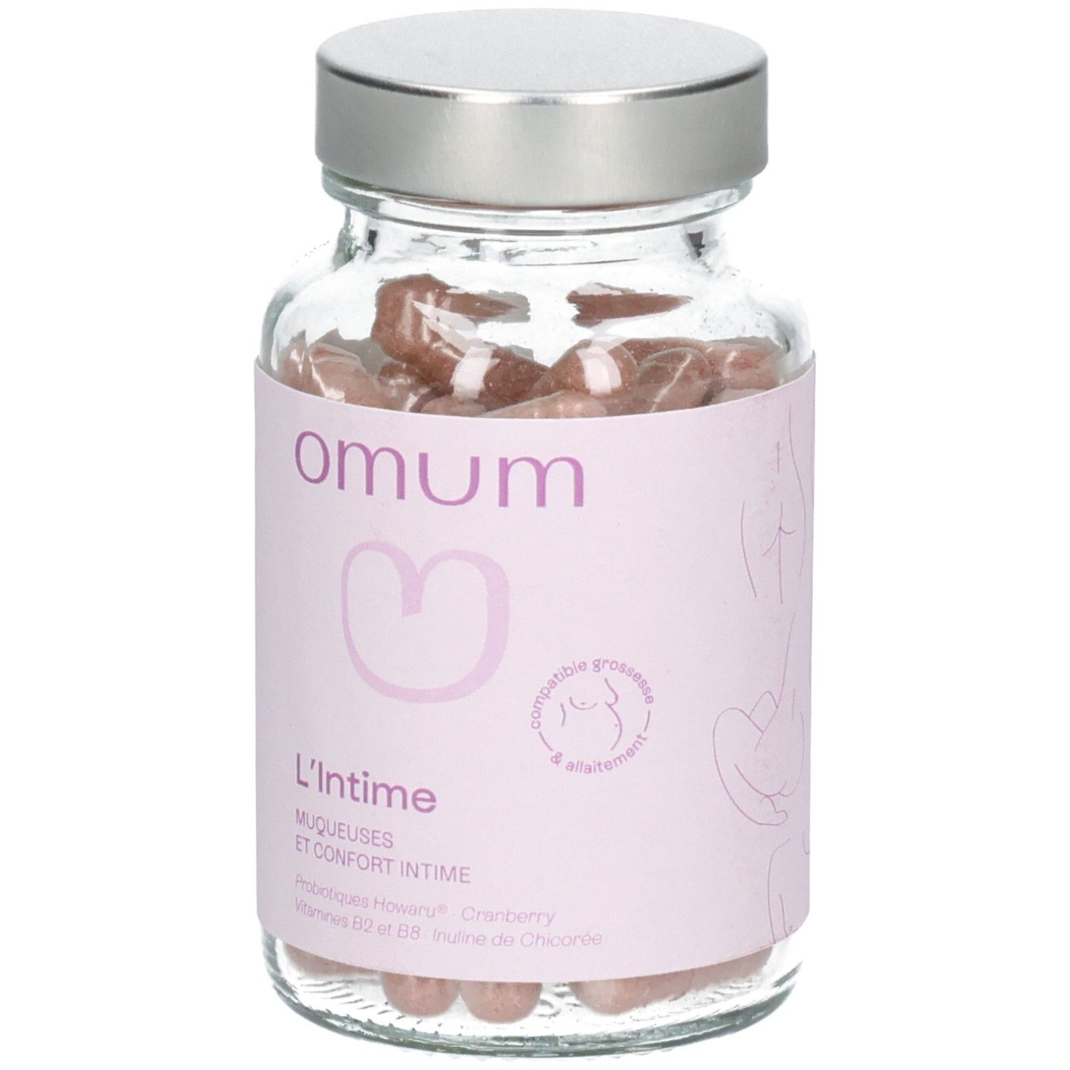 Flacon Omum L'Intime avec étiquette. Étiquette rose avec informations produit, logo et symbole grossesse/allaitement.