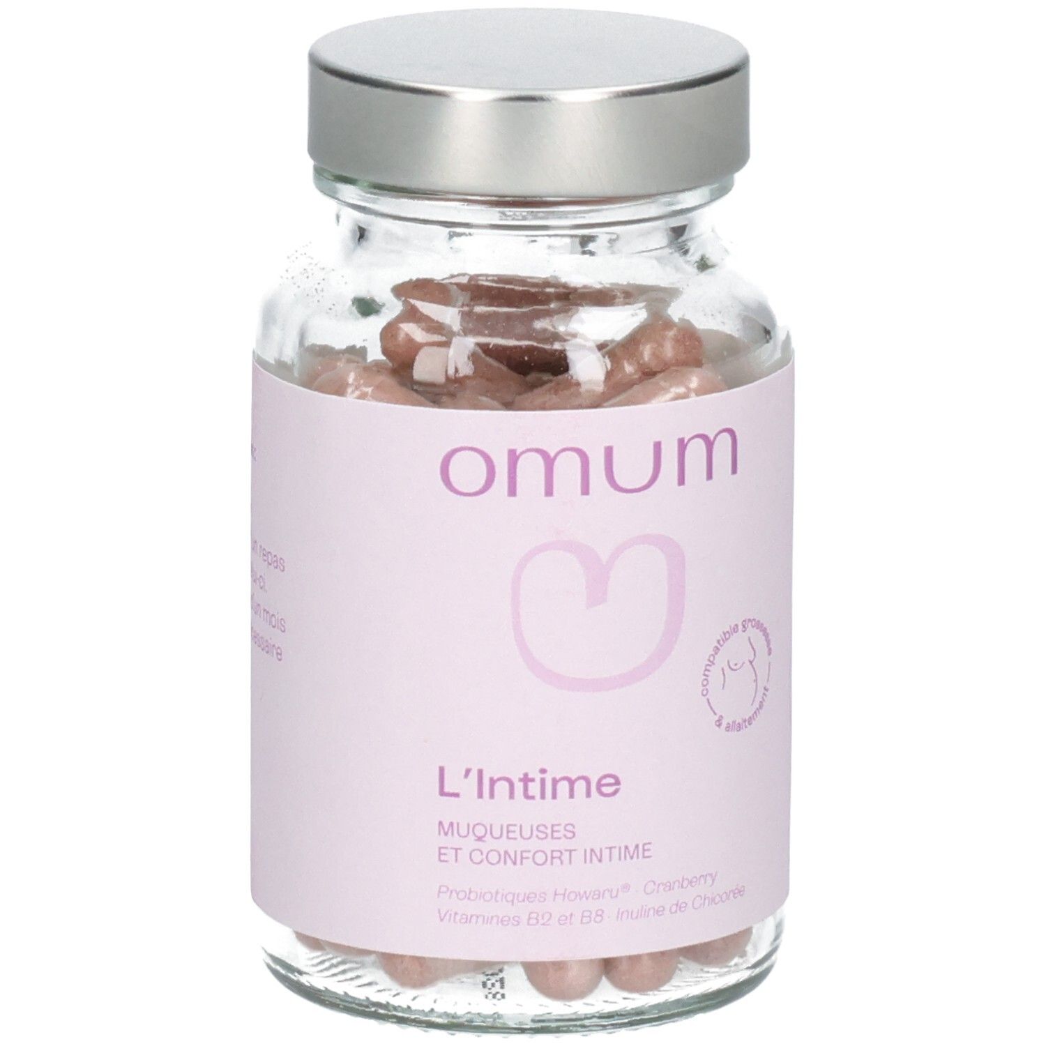 Flacon Omum L'Intime avec étiquette. Étiquette rose avec informations produit, logo et symbole grossesse/allaitement.