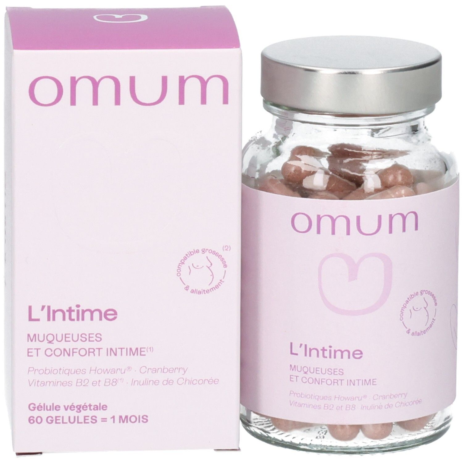 Flacon et boîte Omum L'Intime. Emballage rose avec nom du produit et informations. Contient 60 gélules.