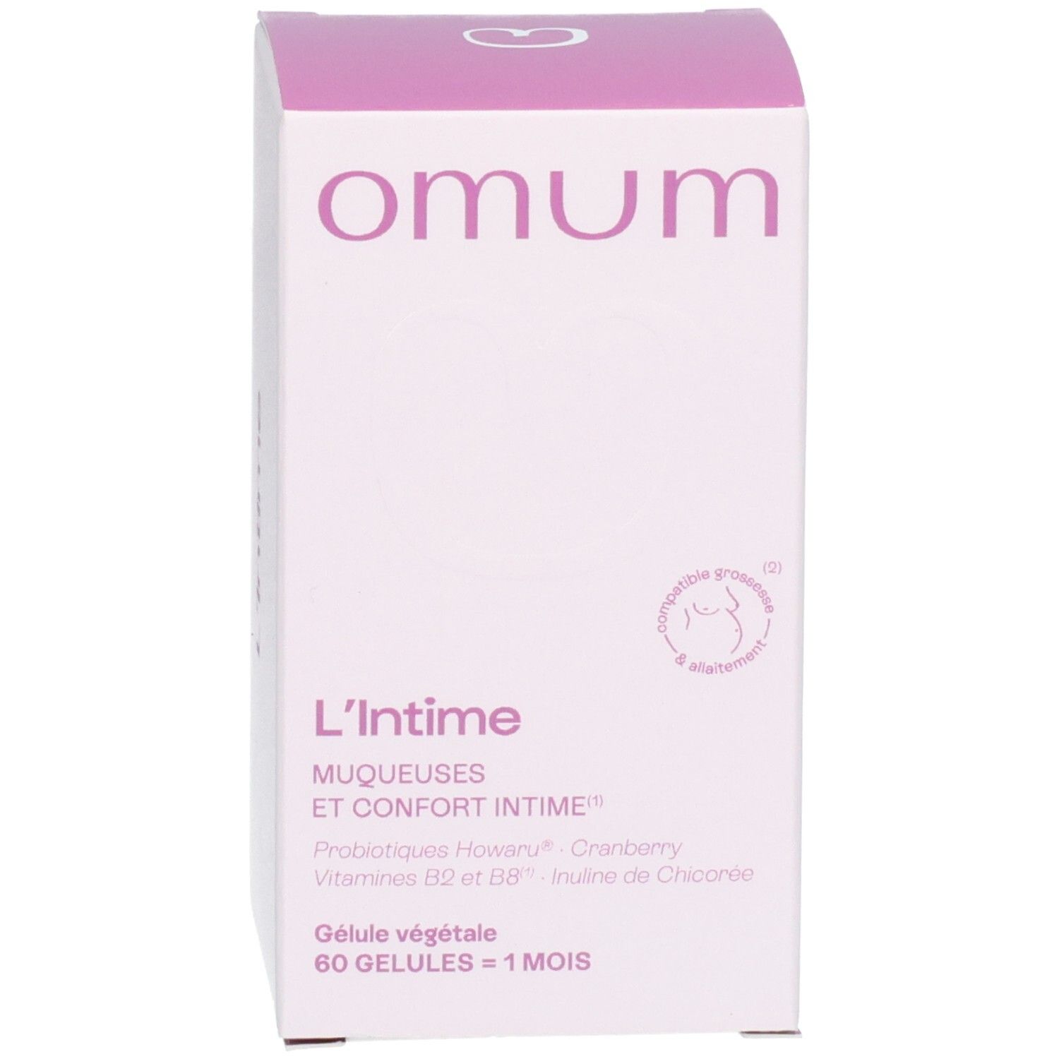 Boîte Omum L'Intime. Carton rose avec nom du produit, informations et symbole grossesse/allaitement.