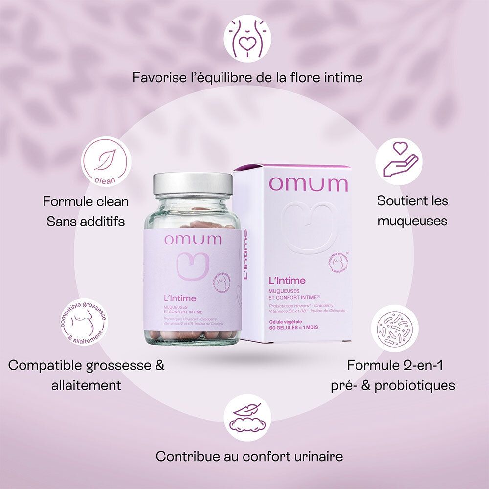 Gélules Omum L'Intime et emballage avec icônes. Mentions : Formule clean, compatible grossesse & allaitement, formule 2-en-1 pré- & probiotiques.