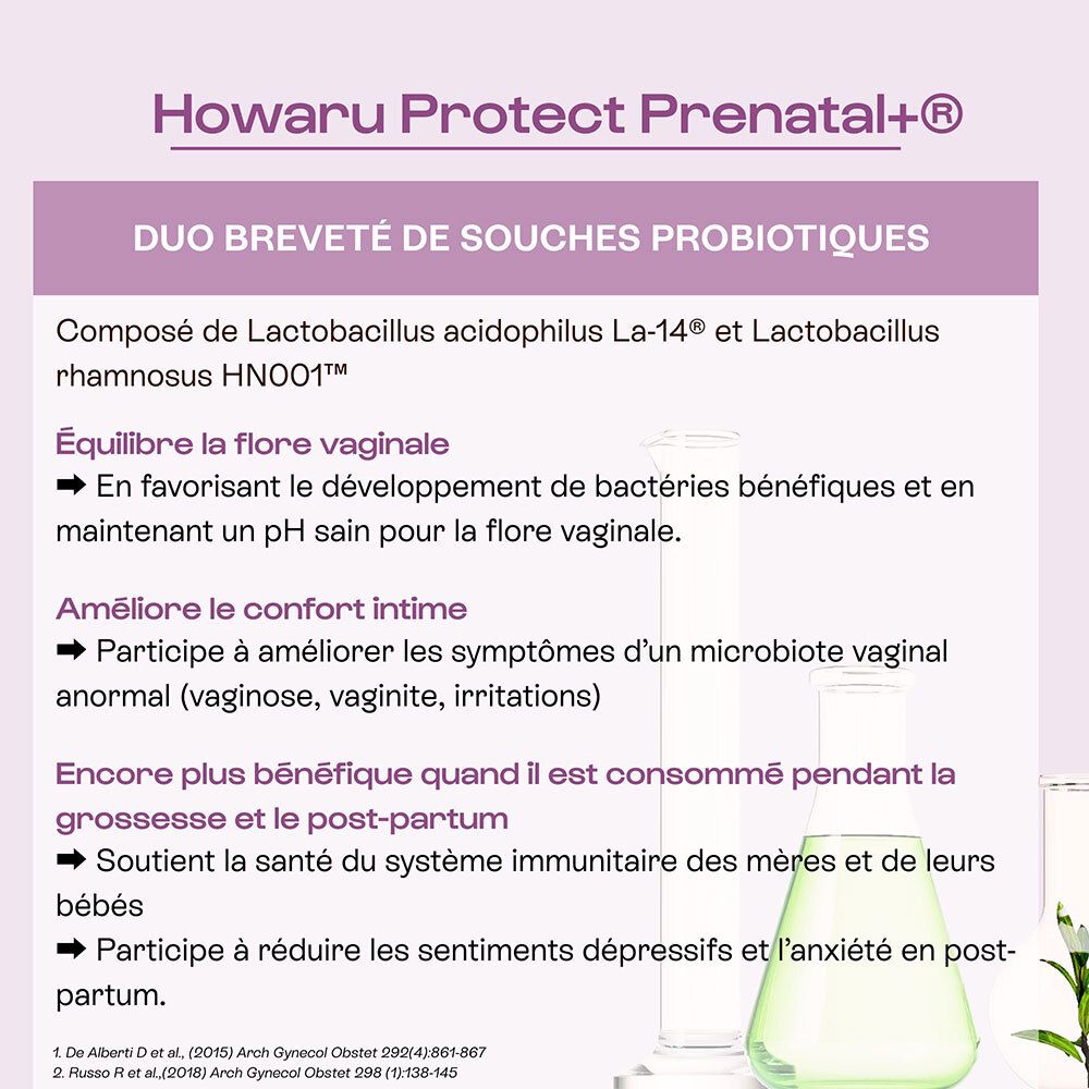 Howaru Protect Prenatal+ pour Omum L'Intime. Duo breveté de souches probiotiques pour l'équilibre de la flore et le bien-être.