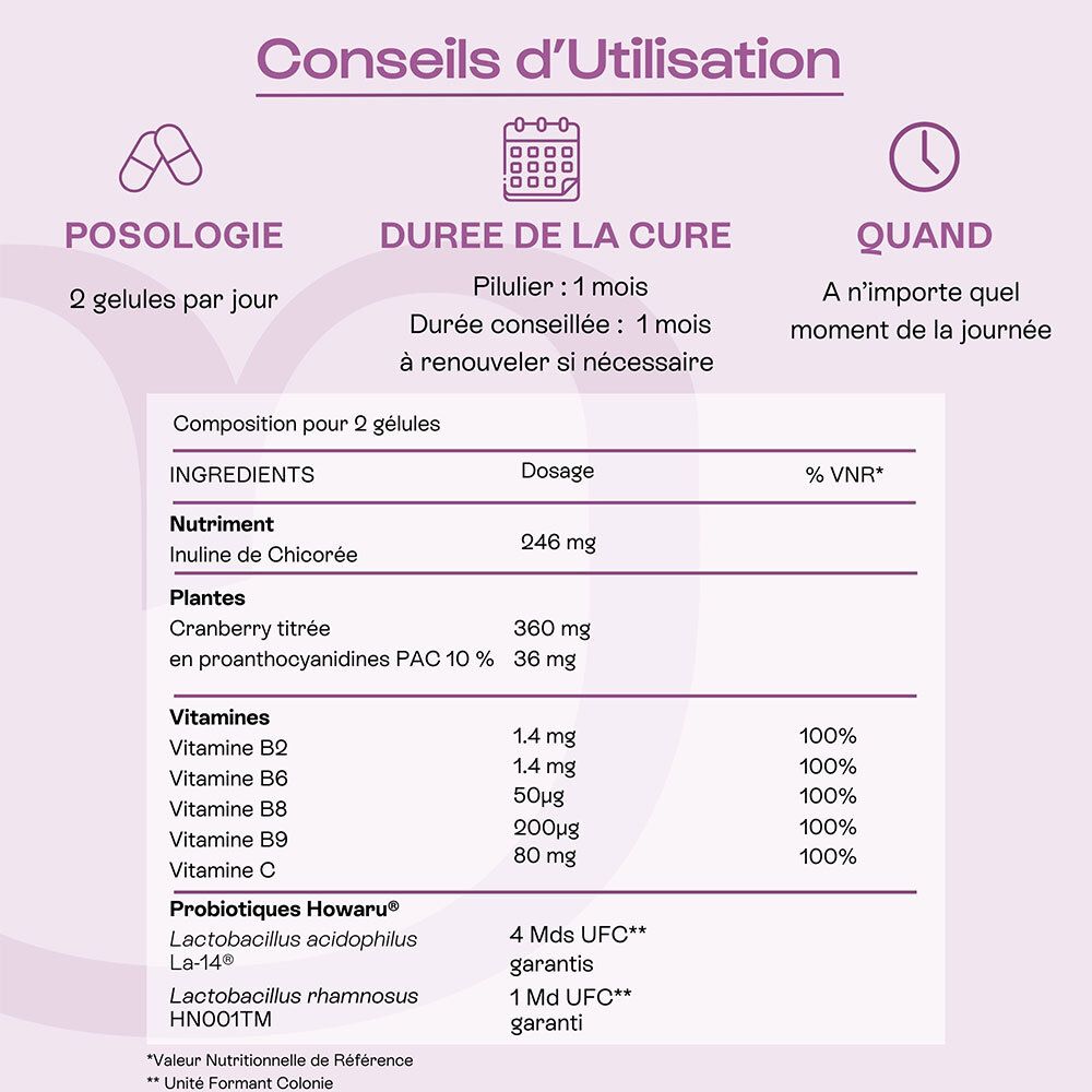 Omum L'Intime Conseils d'utilisation : 2 gélules par jour. Composition : Inuline, Cranberry, Vitamines B2, B6, B8, B9, C, Probiotiques.