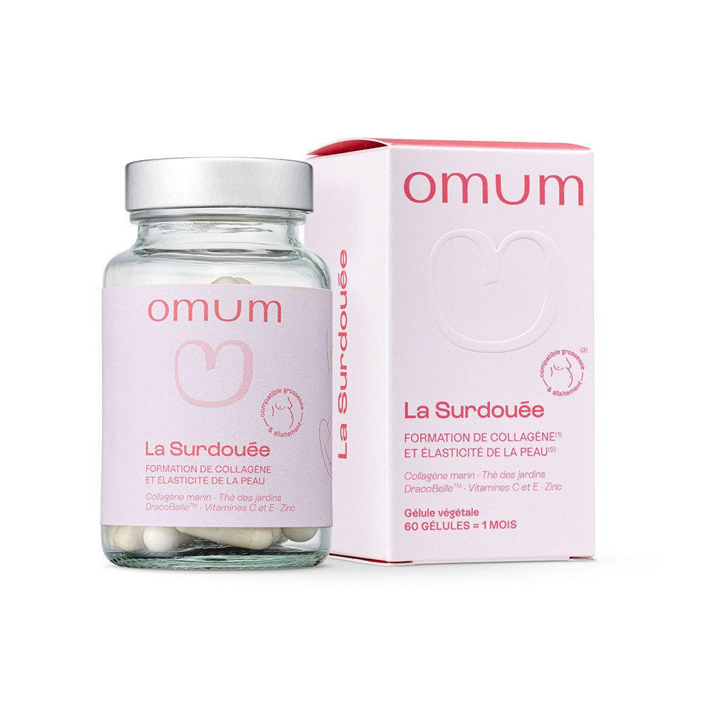 Omum La Surdouée, complément alimentaire en flacon de verre et boîte. Contient 60 gélules.