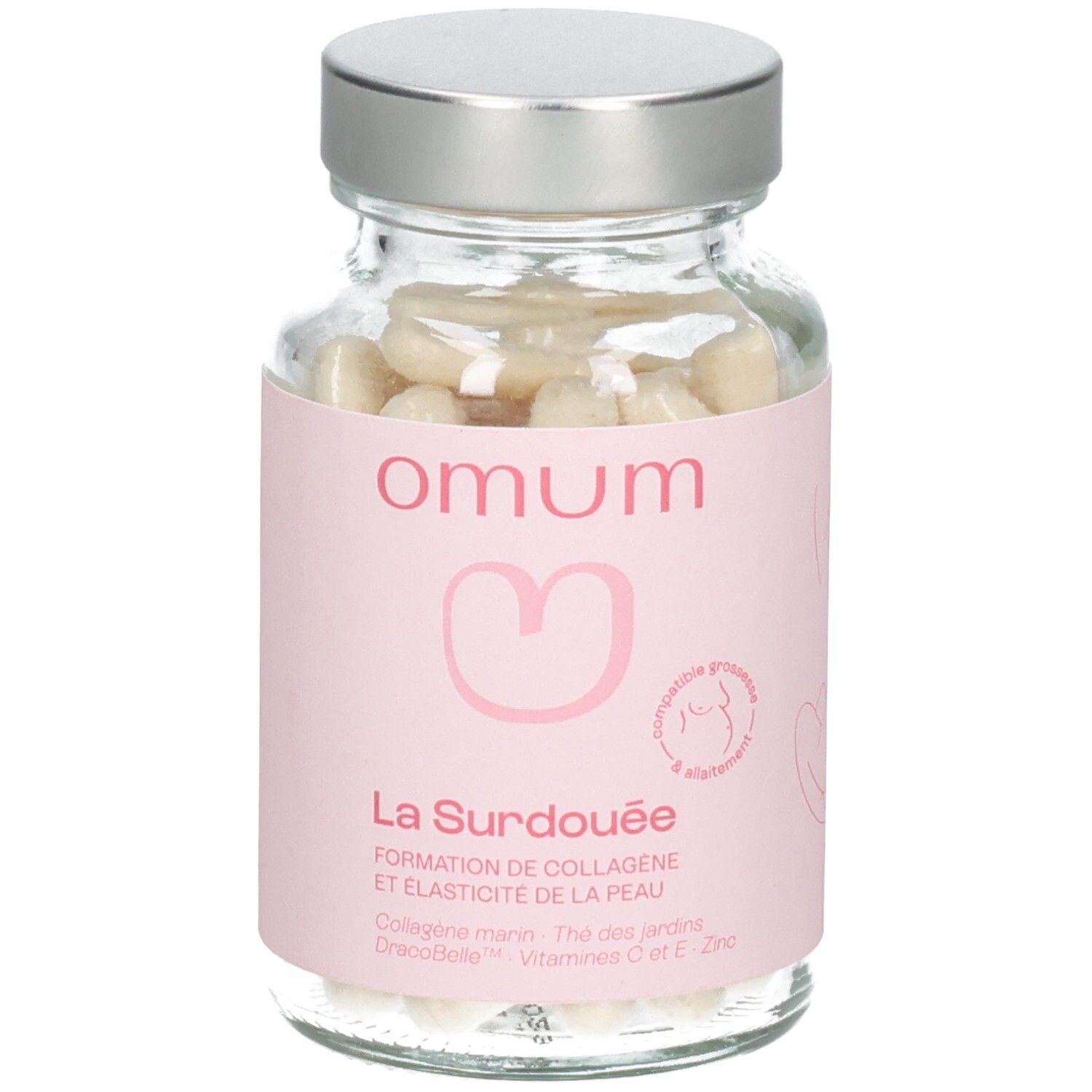 Flasque Omum La Surdouée avec gélules. L'étiquette indique le nom du produit et les ingrédients comme le collagène.