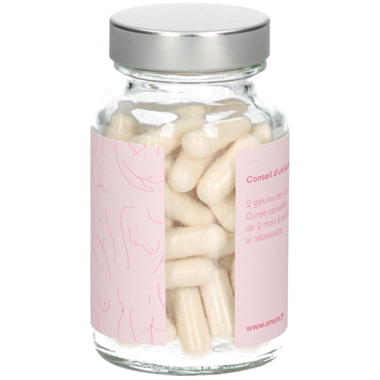 Flasque Omum La Surdouée de côté. Remplie de gélules. Étiquette rose avec contours corporels abstraits.