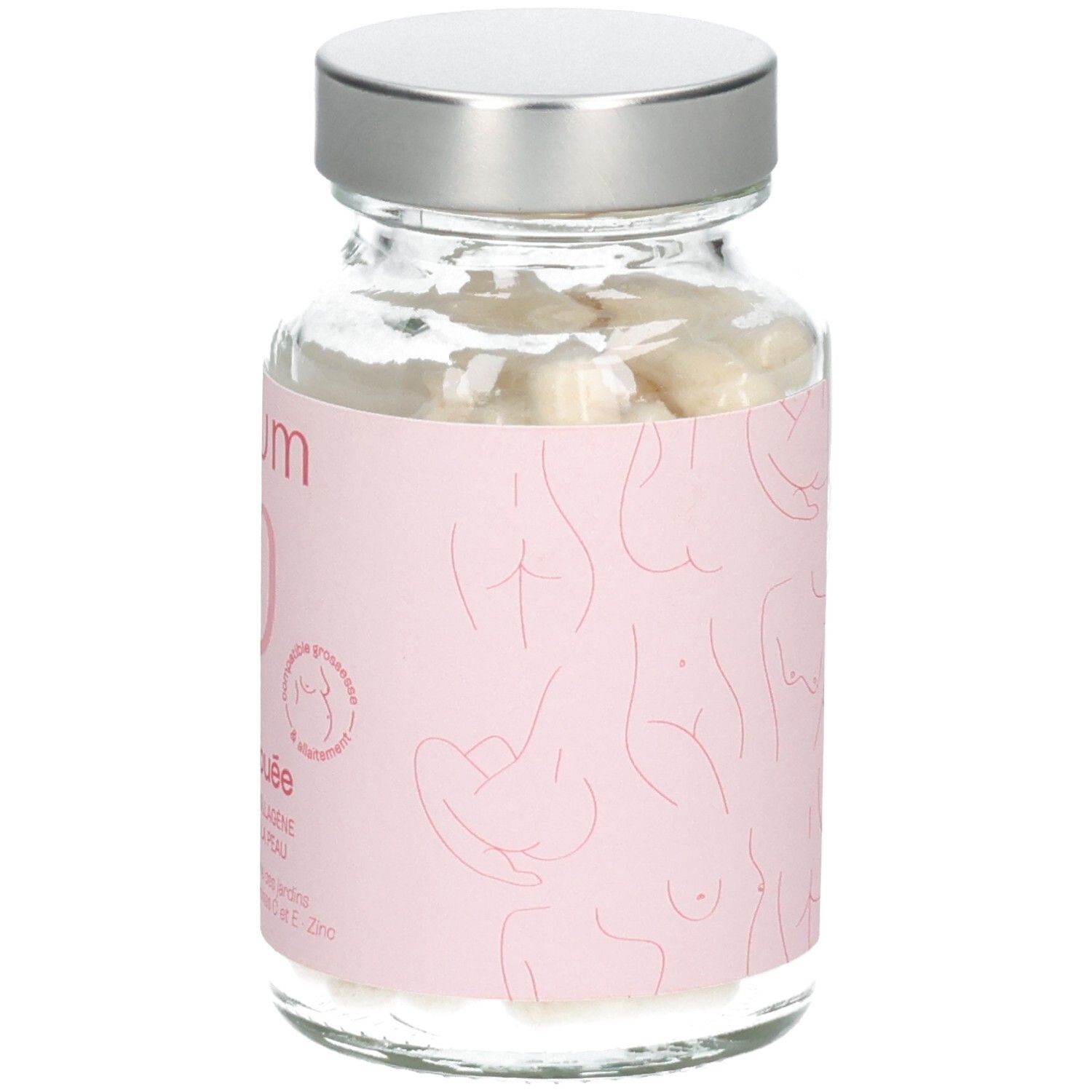 Flasque Omum La Surdouée de côté. Étiquette rose avec contours corporels et icône grossesse.