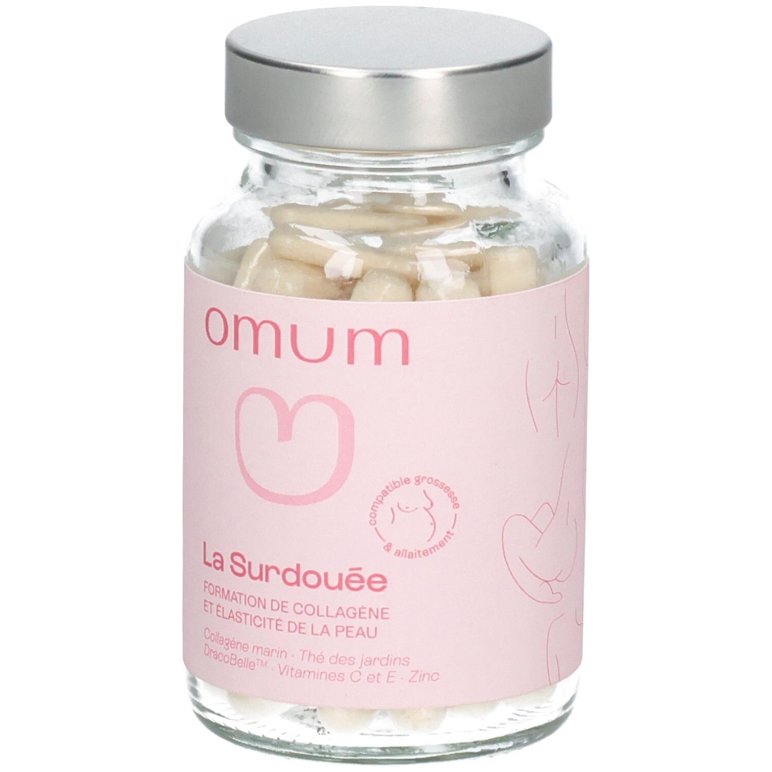Flasque Omum La Surdouée avec gélules. Étiquette rose avec icône grossesse/allaitement et infos produit.