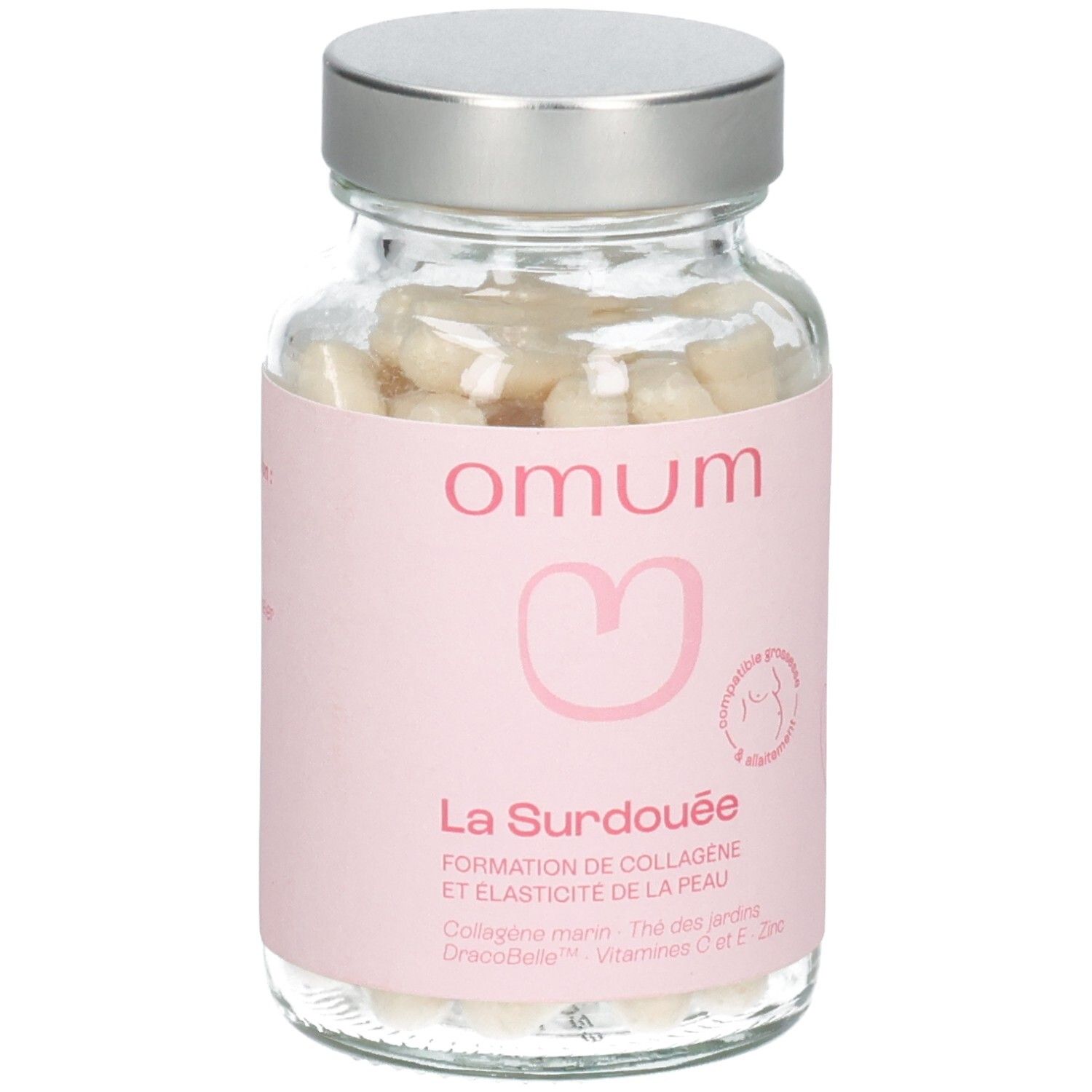 Flasque Omum La Surdouée avec gélules. Étiquette rose avec nom produit, collagène, Dracobelle, Vitamines C & E, Zinc.