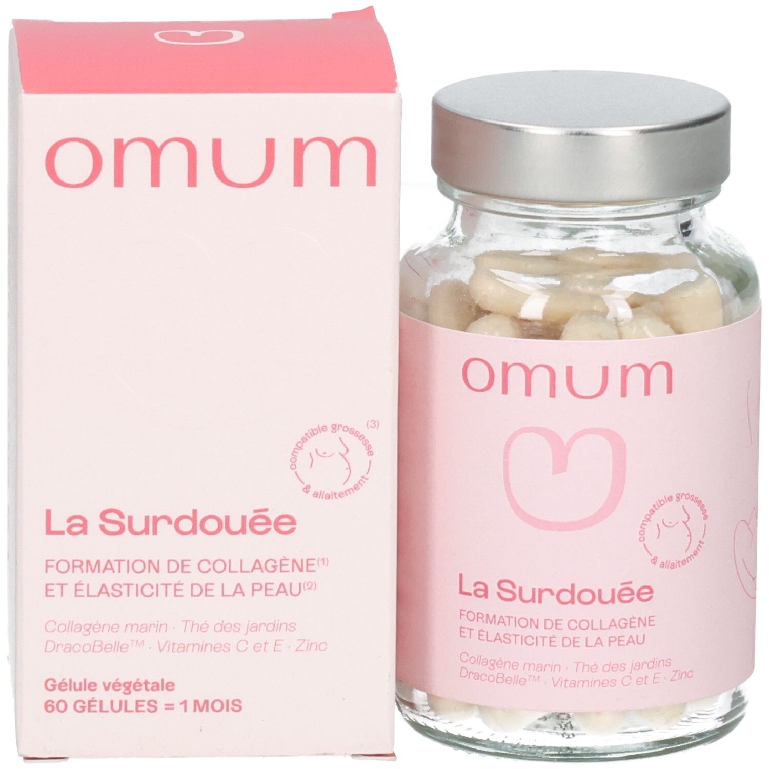 Flasque et boîte Omum La Surdouée. Contient 60 gélules pour 1 mois. Compatible grossesse/allaitement.