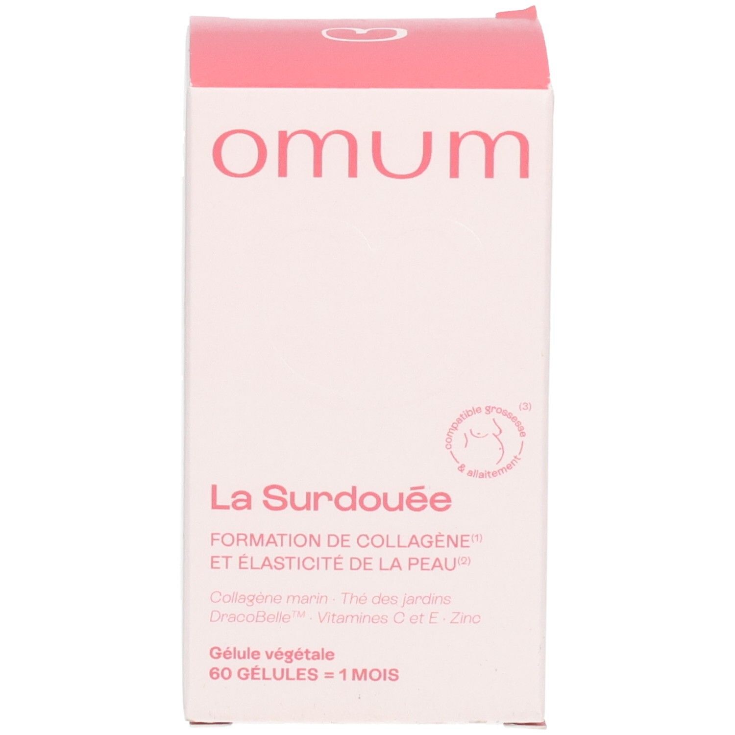Boîte Omum La Surdouée. Indique le nom du produit, 60 gélules pour 1 mois, et compatibilité grossesse.