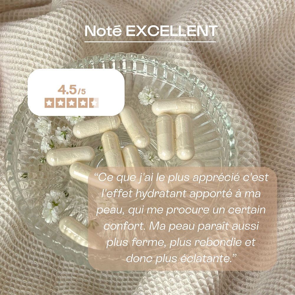Gélules Omum La Surdouée dans un bol en verre. Note 4.5/5. Avis client sur l'effet hydratant.