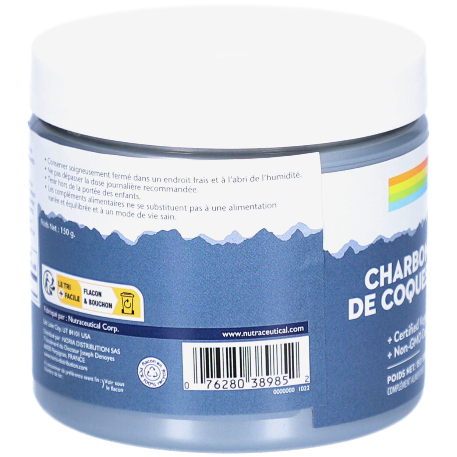 Dos du pot. Texte: CHARBON DE COQUE. Code-barres et informations sur le fabricant et les ingrédients.