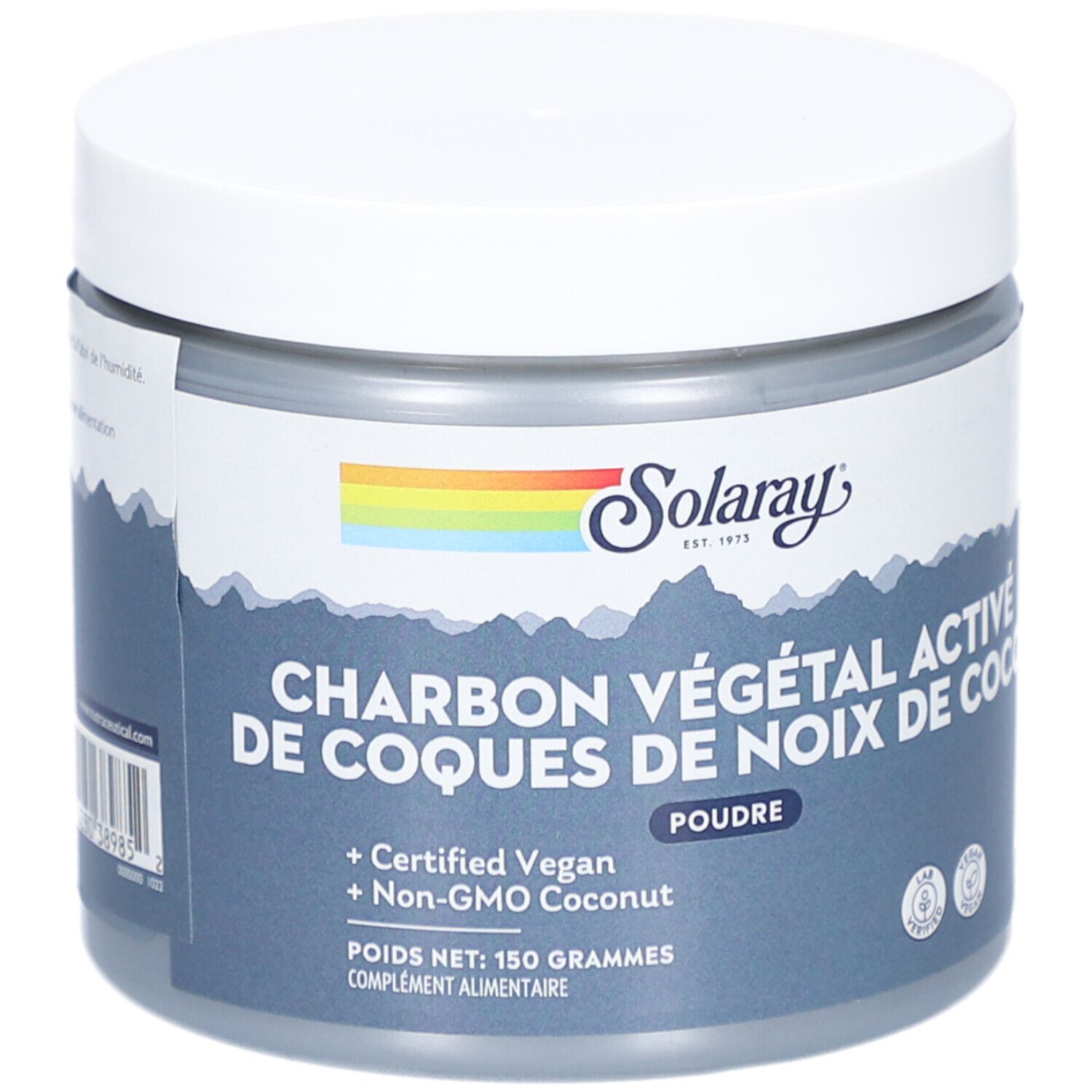 Pot rond avec couvercle blanc. Inscription: SOLARAY, CHARBON VÉGÉTAL ACTIF DE COQUES DE NOIX DE COCO. Certification vegan.